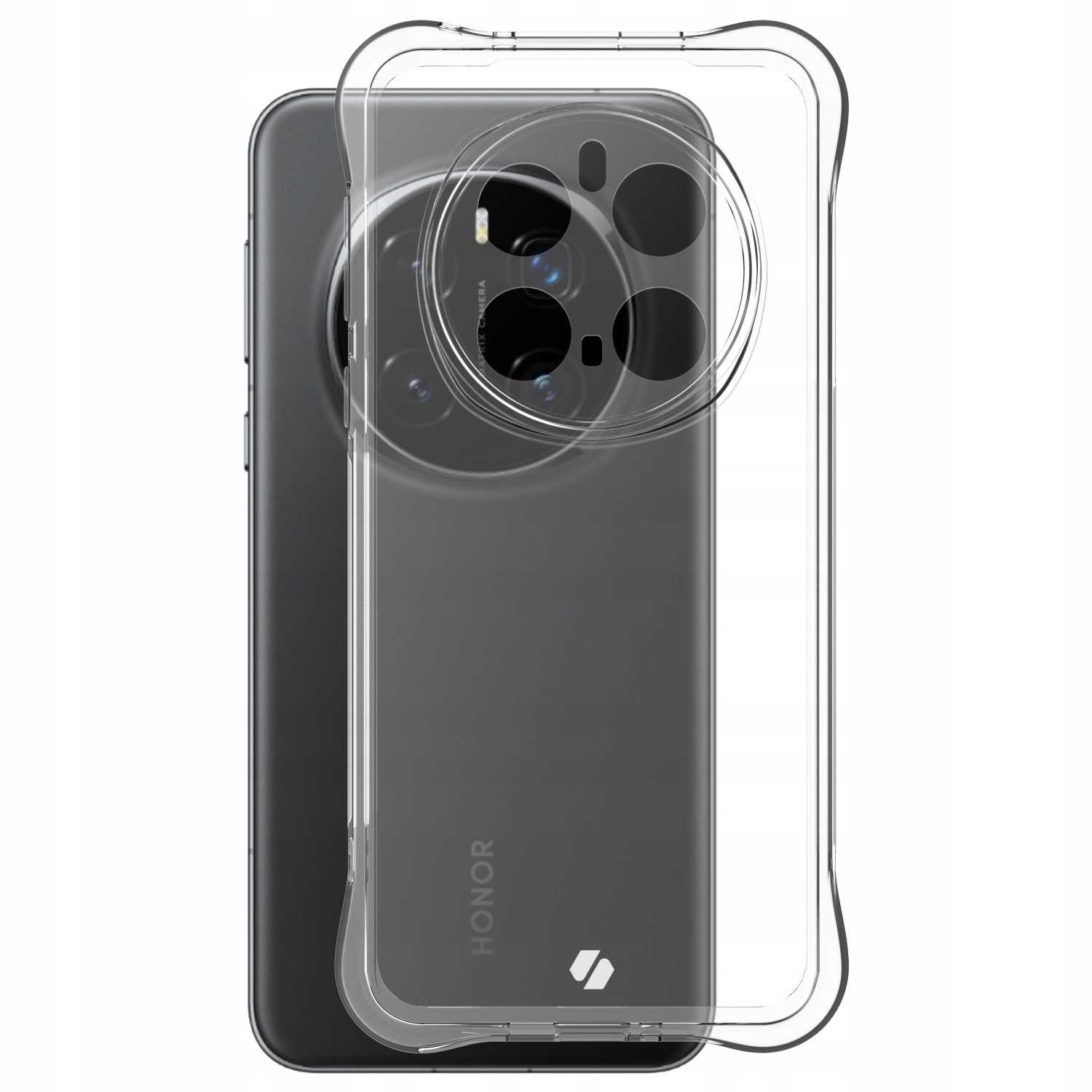 Telefon z etui, czarny, z aparatem. Przezroczyste etui na telefonie.
