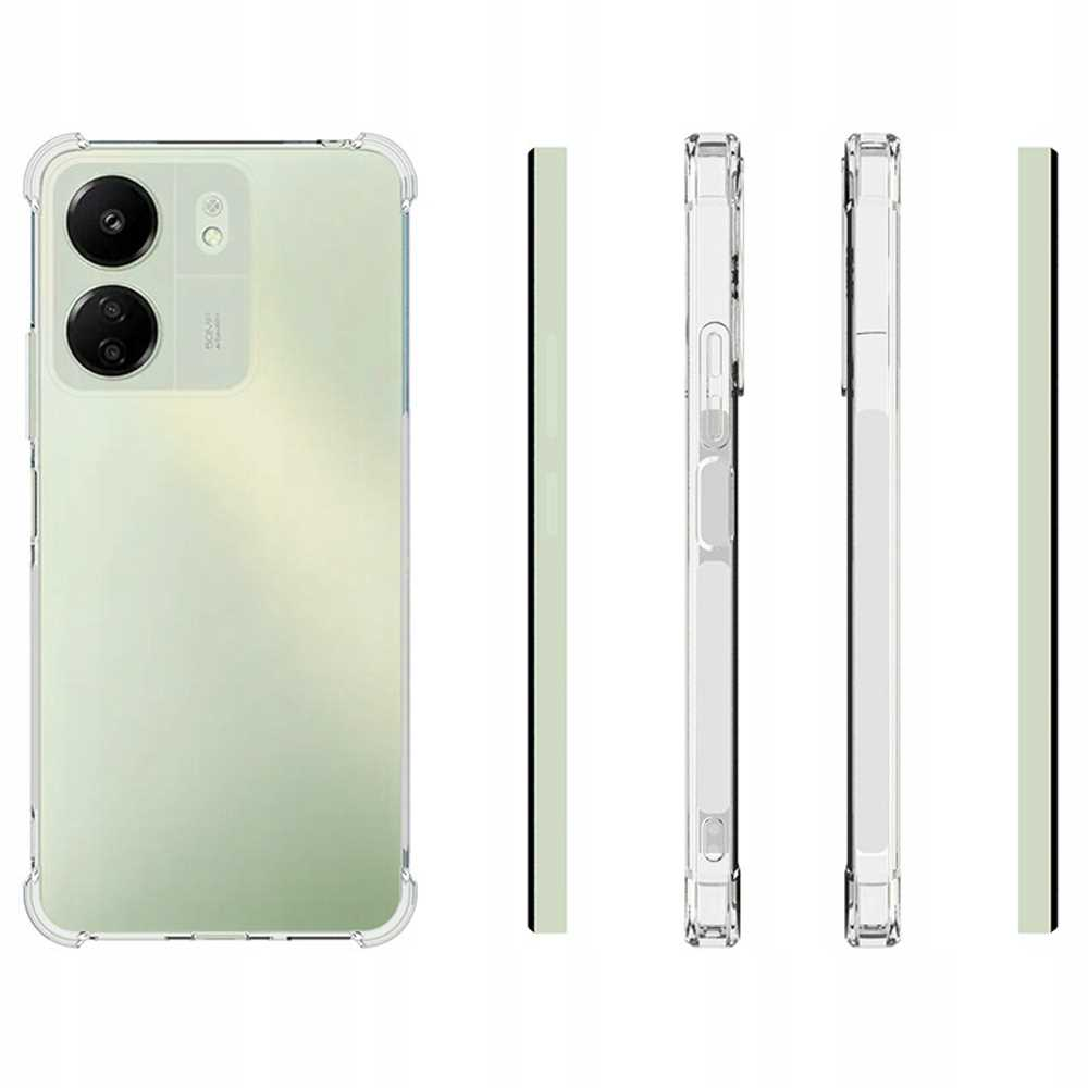 Telefon z etui. Telefon ma zielony tył, a etui jest przezroczyste.