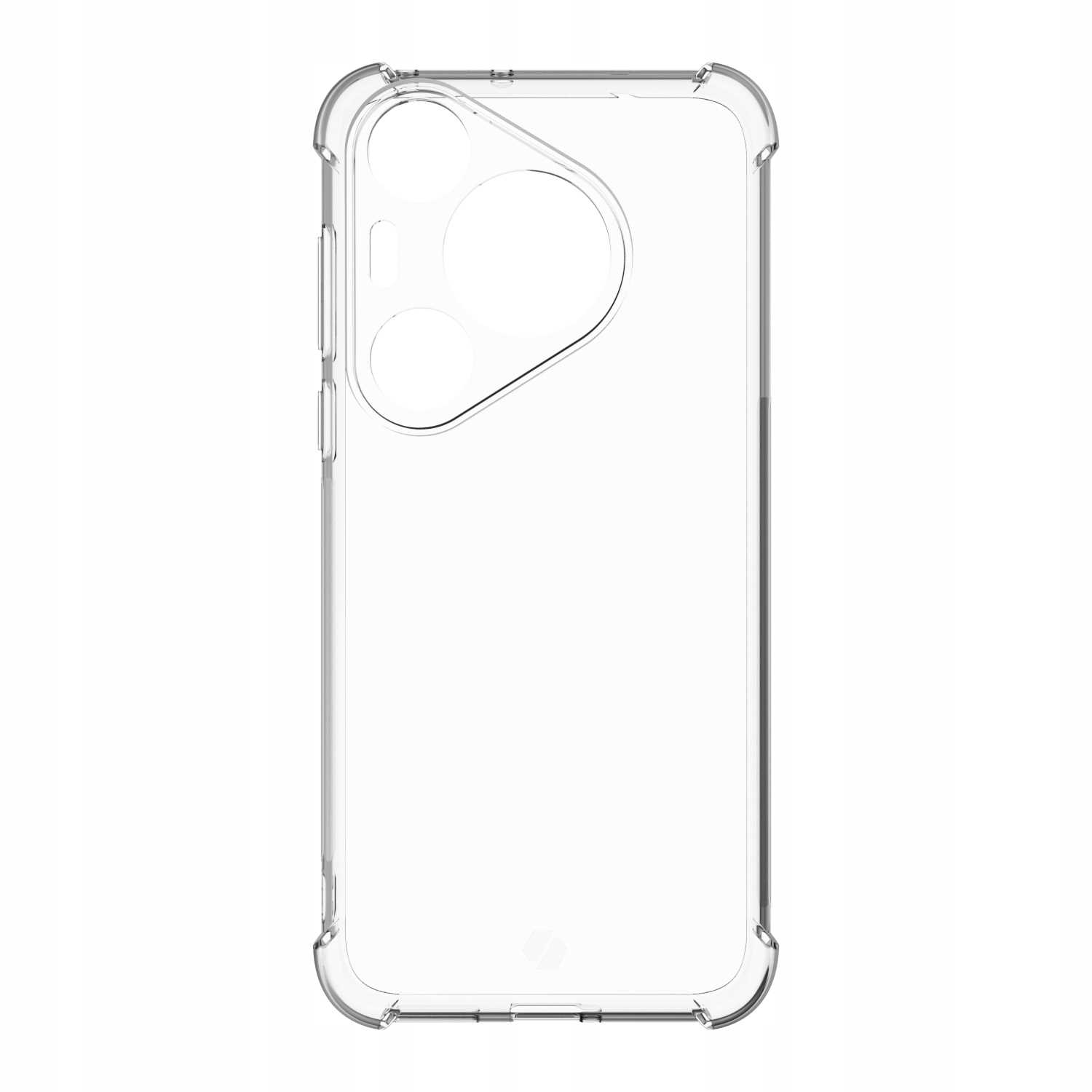 Przezroczyste etui na telefon, widok z boku. Otwory na aparat są widoczne, etui jest puste.