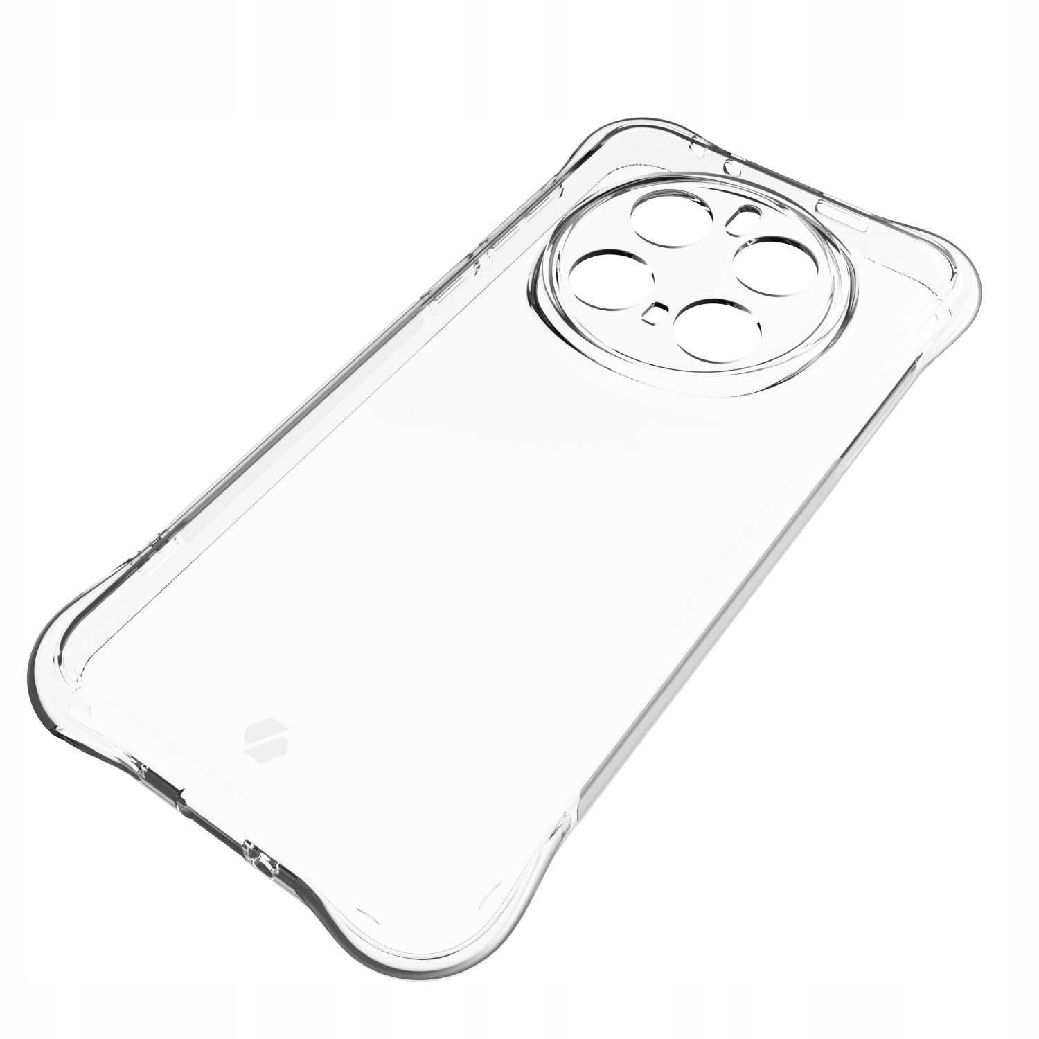 Przezroczyste etui na telefon. Białe tło. Etui jest skośne, z wycięciami na aparat.