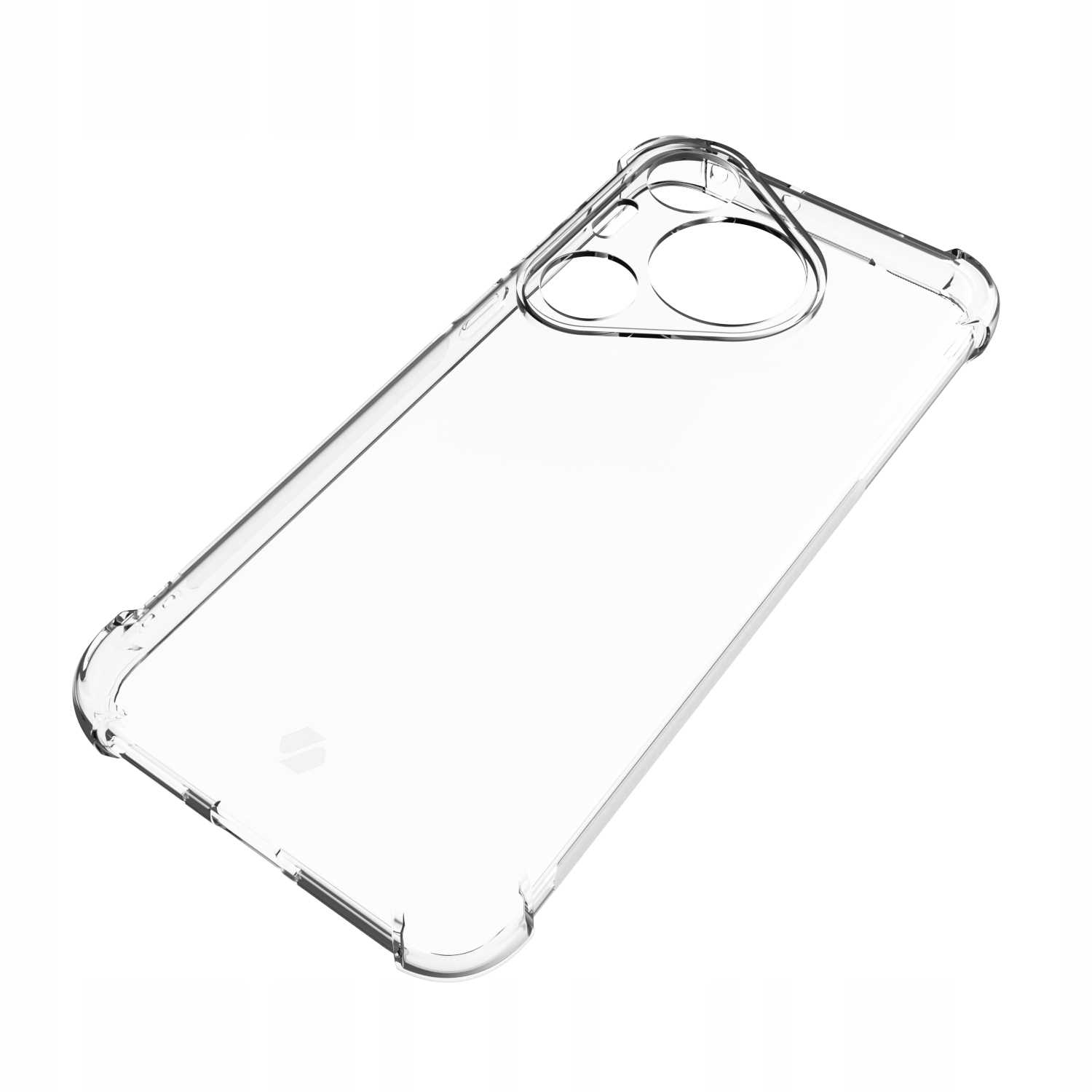 Ujęcie pod kątem przezroczystego etui na telefon. Etui jest puste i przezroczyste, pokazujące kształt.