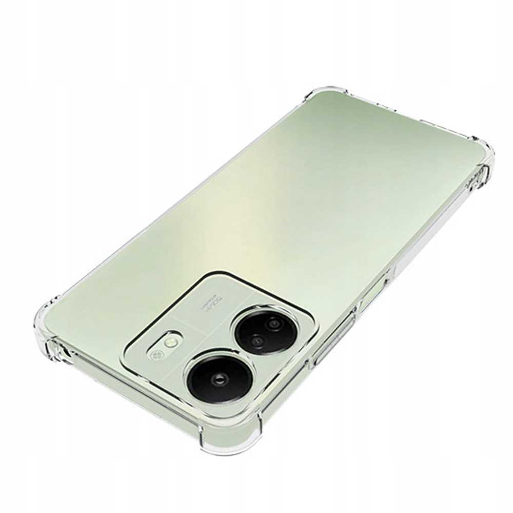 Telefon w przezroczystym etui. Zielony tył telefonu z aparatem. Etui jest przezroczyste.