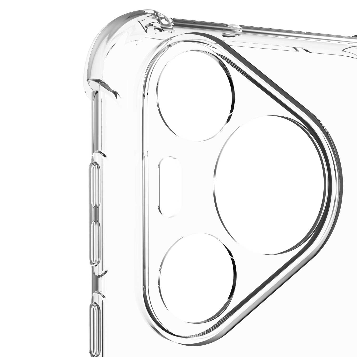 Zbliżenie na przezroczyste etui na telefon. Pokazuje wycięcia na aparat. Etui jest przezroczyste.