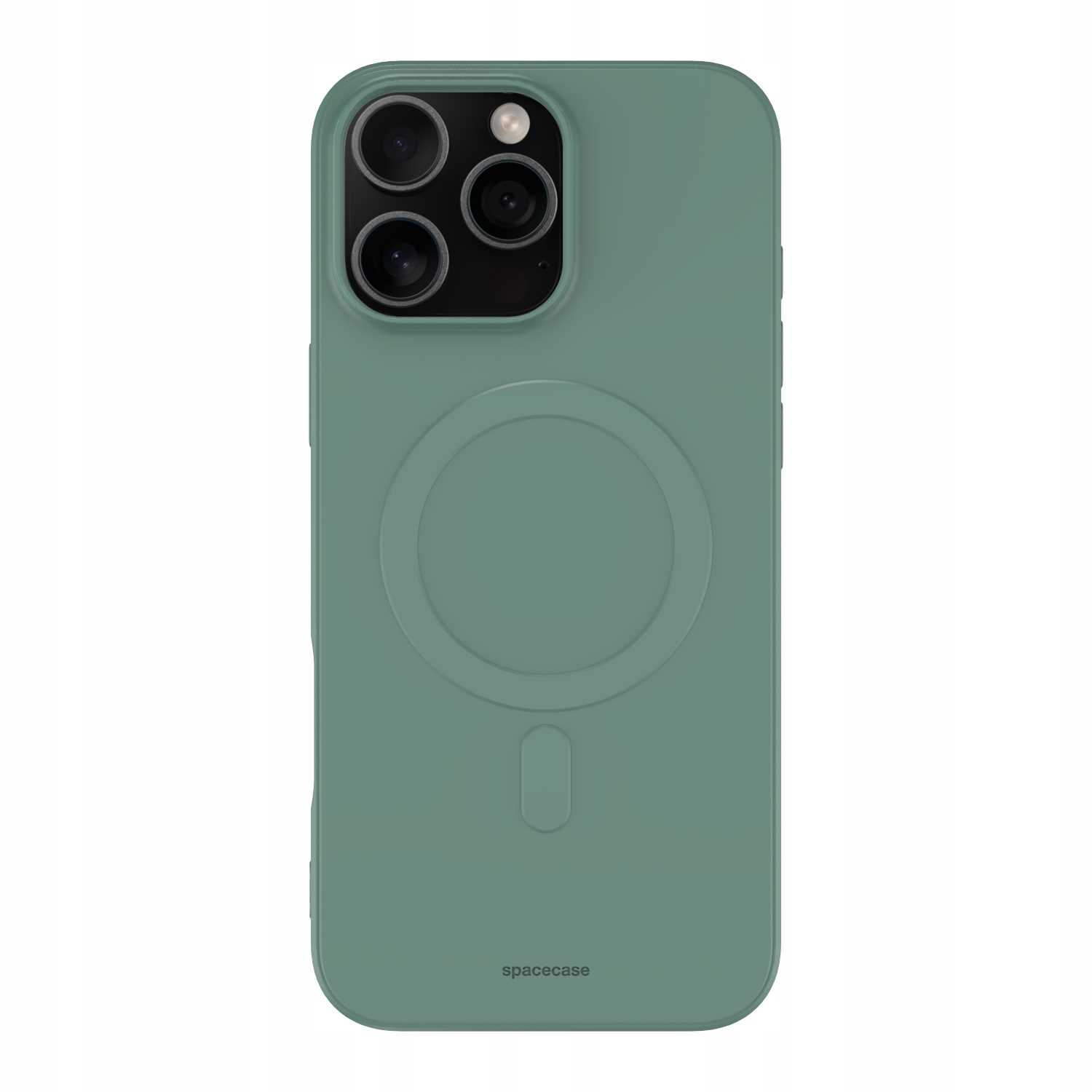 Zielone etui na telefon z aparatami, okrągłym wzorem i logo 'spacecase'.