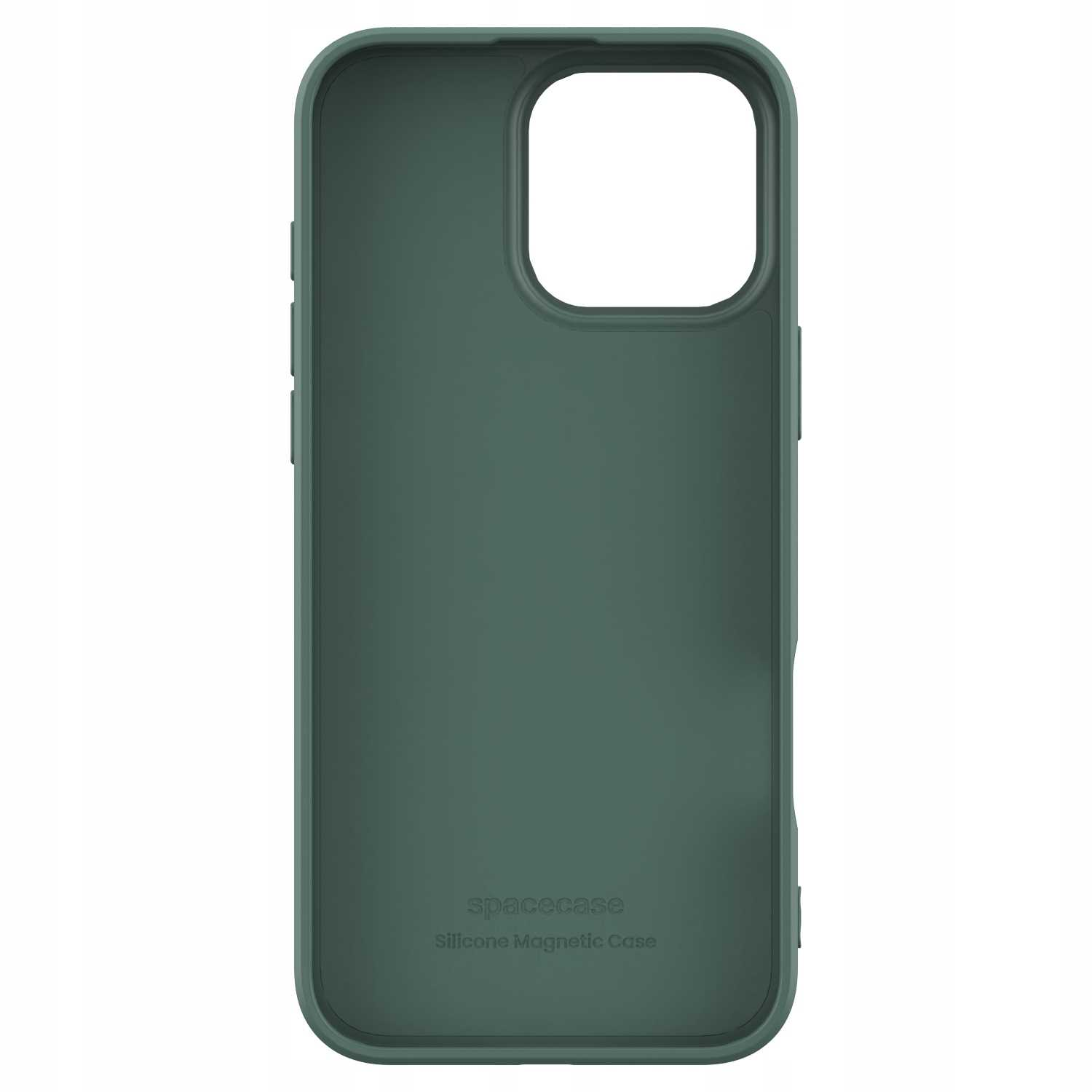 Wnętrze zielonego etui na telefon z wycięciem na aparat i logo 'spacecase'.