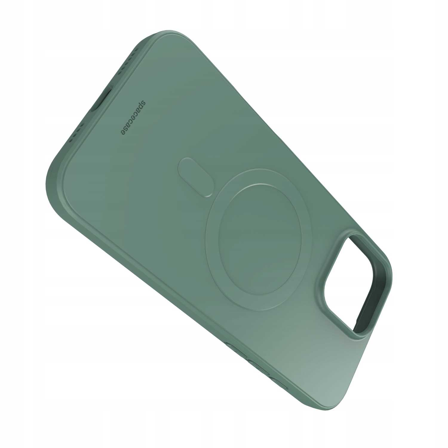 Ujęcie pod kątem zielonego etui z okrągłym wzorem i logo 'spacecase'.