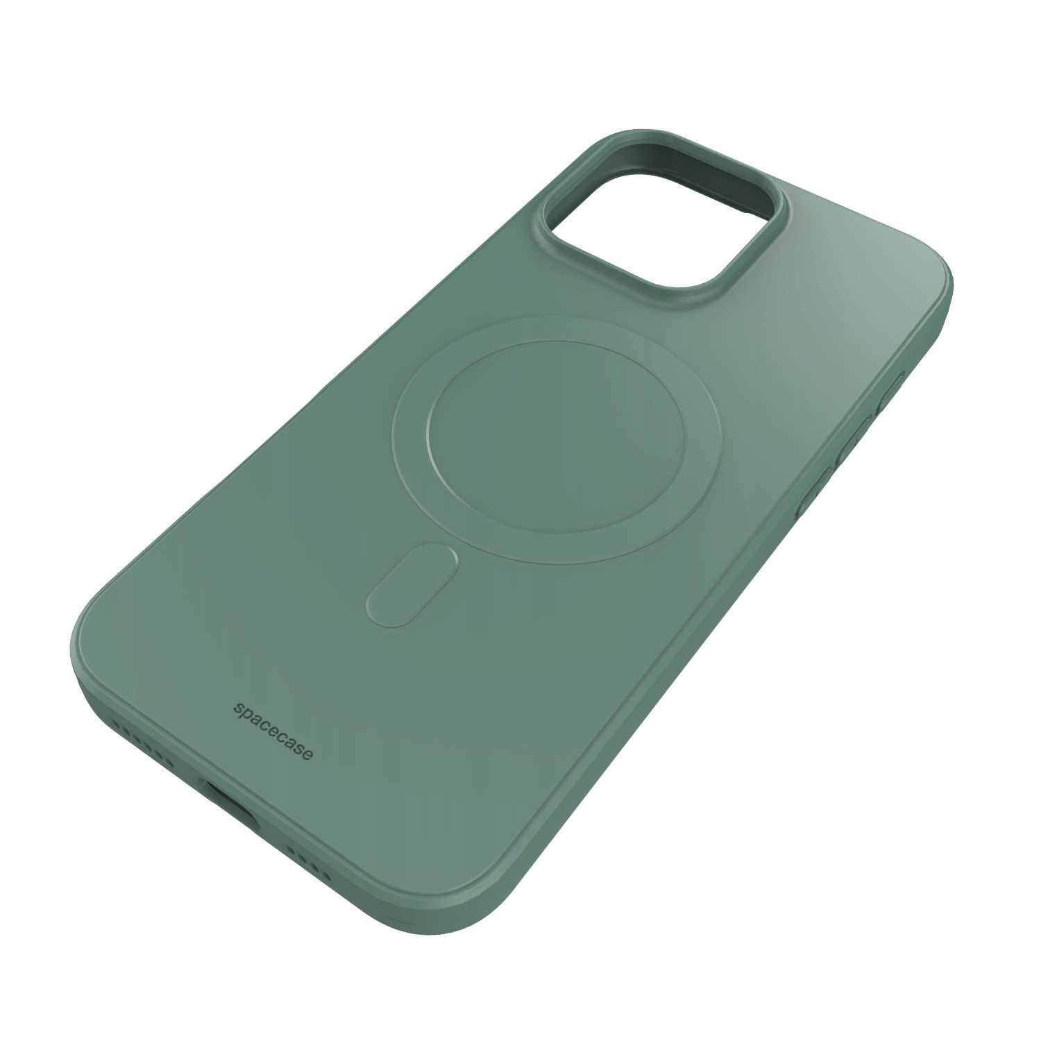 Widok pod kątem ciemnozielonego etui na telefon. Etui ma okrągły obszar magnetyczny.