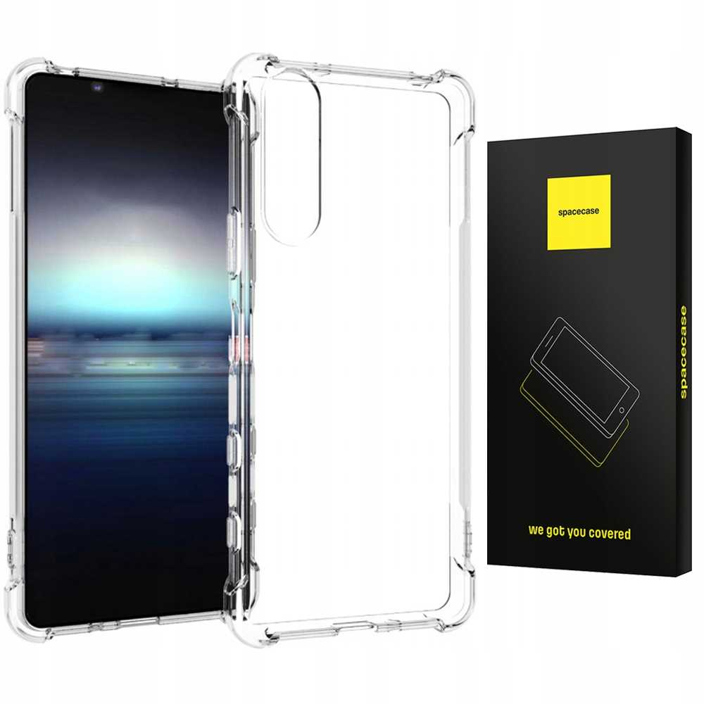 Przezroczyste etui na telefon, telefon i pudełko z żółtym kwadratem i marką 'spacecase'.