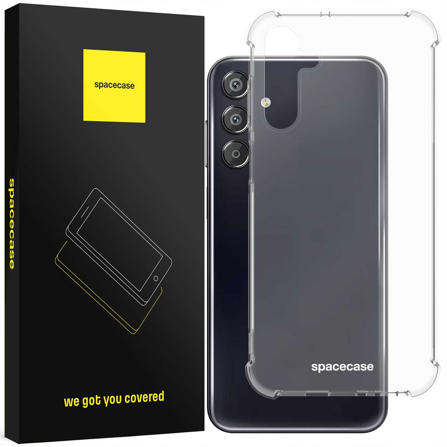 Telefon z przezroczystym etui i pudełkiem. Pudełko jest czarne z logo spacecase i hasłem.