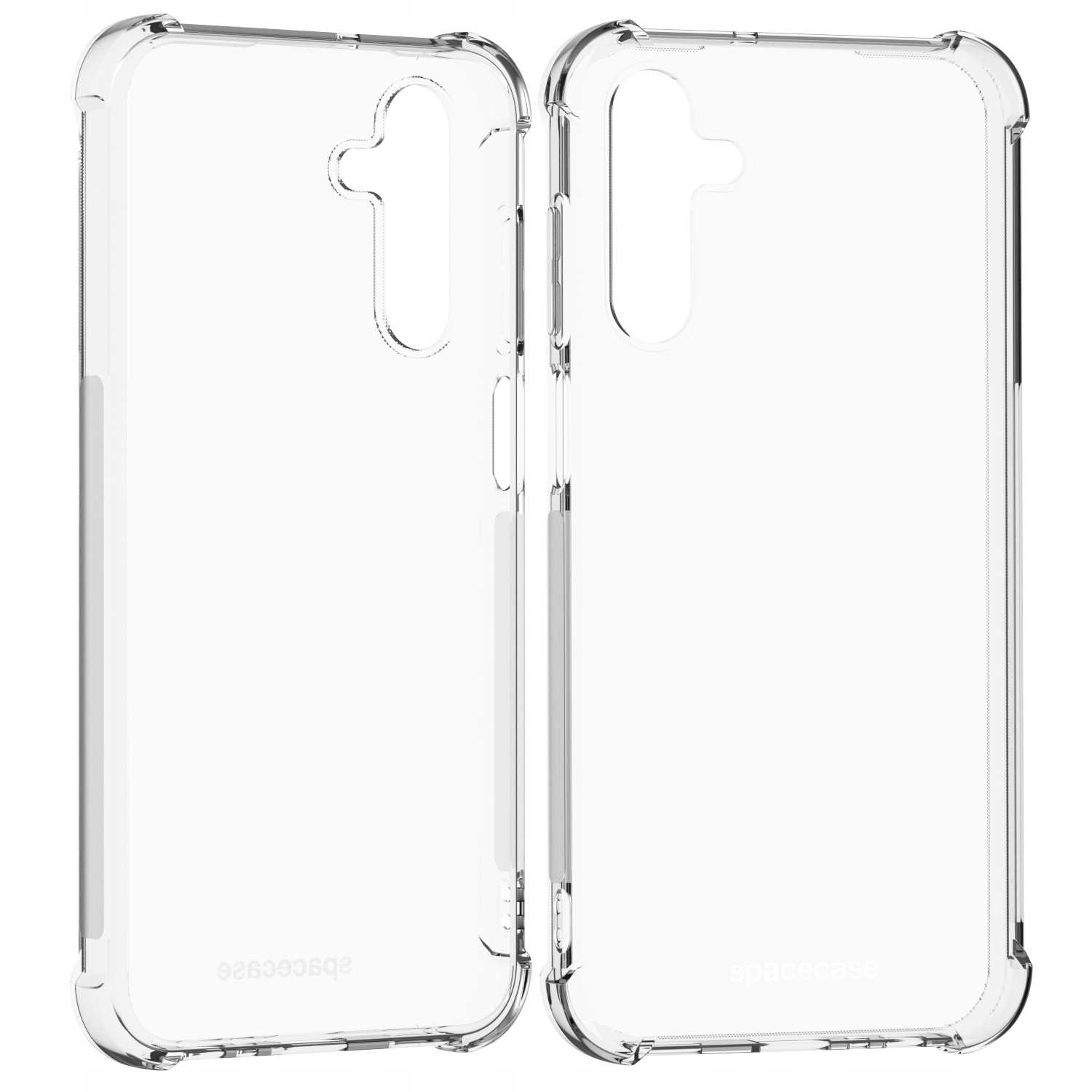 Przezroczyste etui na telefony. Dwa widoki: tył z wycięciami na aparat i bok z przyciskami.