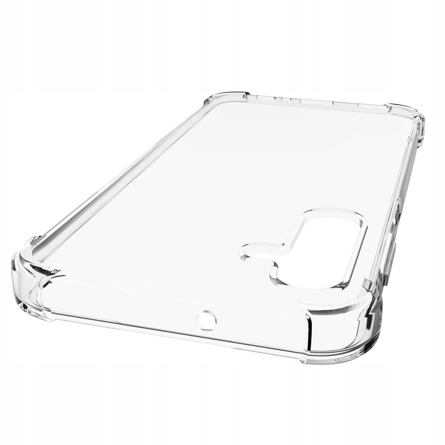 Przezroczyste etui na telefon. Etui jest przezroczyste, z wycięciem na aparat i okrągłym otworem.