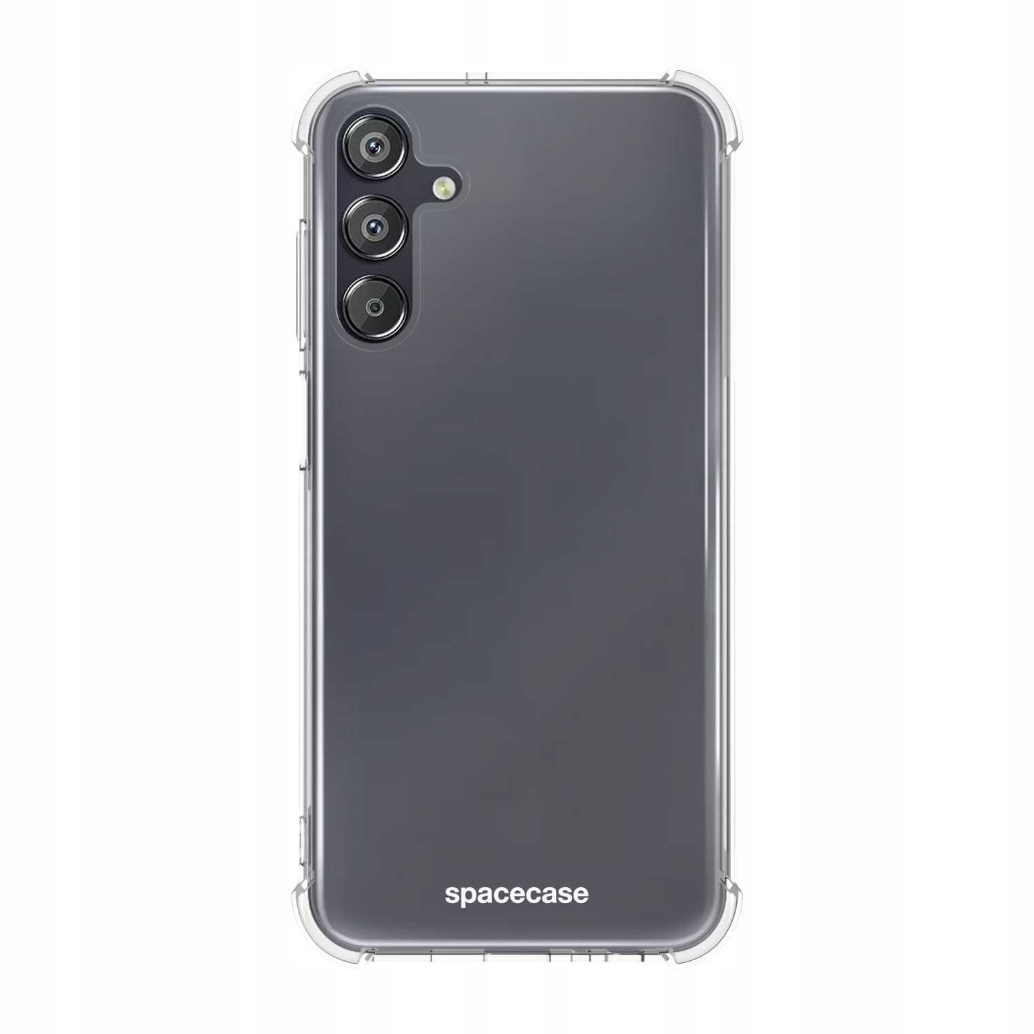 Przezroczyste etui na telefon na białym tle. Telefon ma szary tył. Etui ma logo Spacecase.