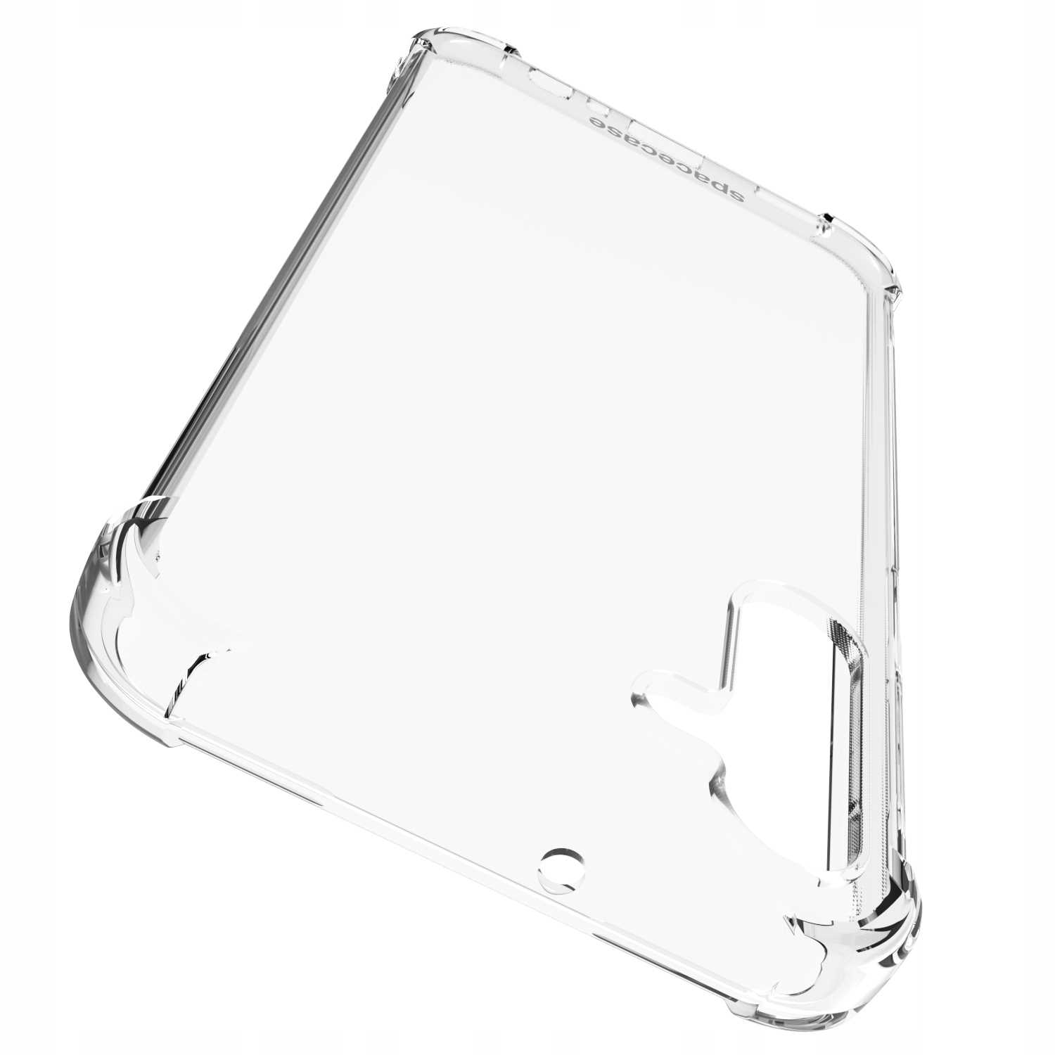 Widok pod kątem przezroczystego etui na telefon. Etui jest przezroczyste.