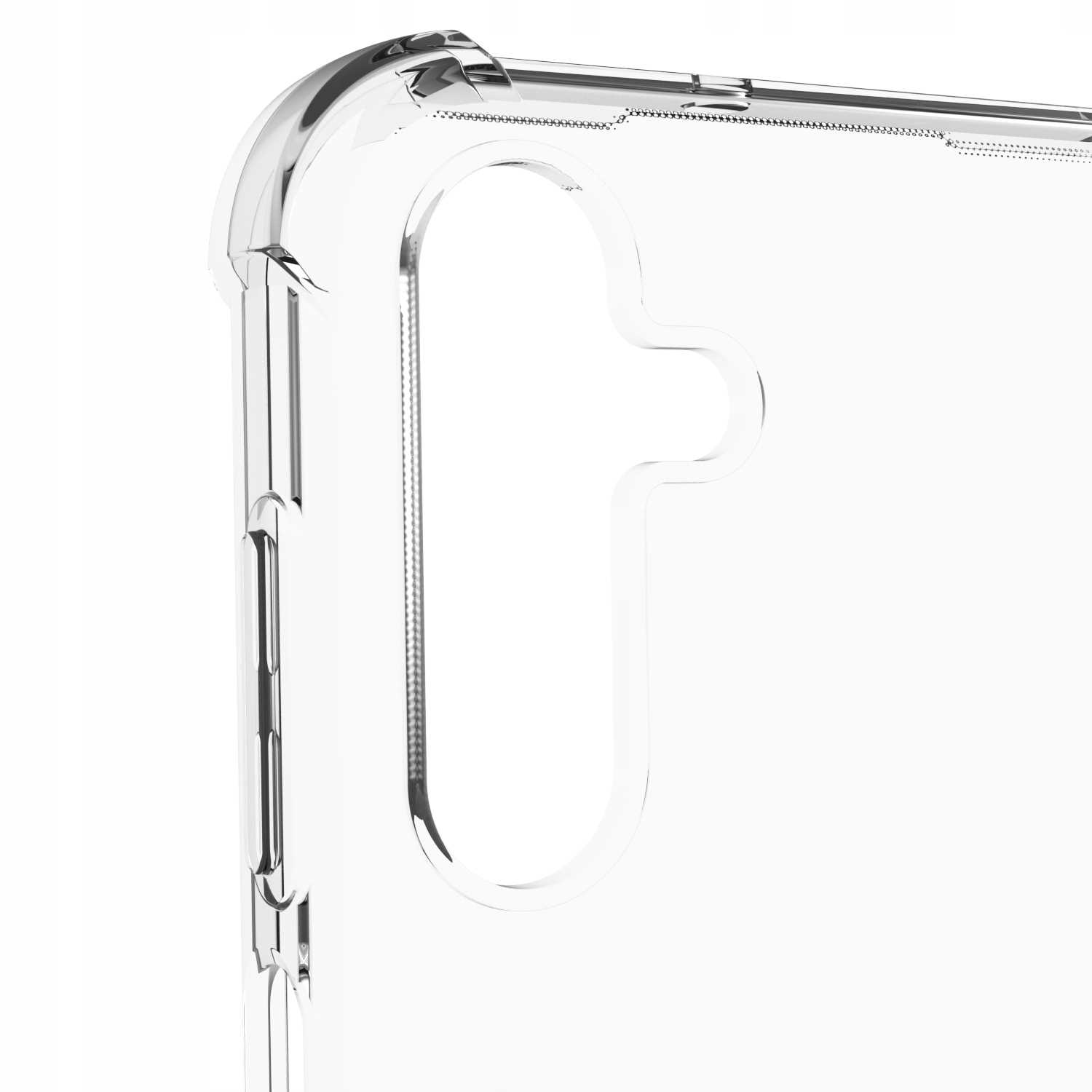 Zbliżenie przezroczystego etui na telefon. Etui jest wykonane z przezroczystego plastiku, z zaokrągloną krawędzią.