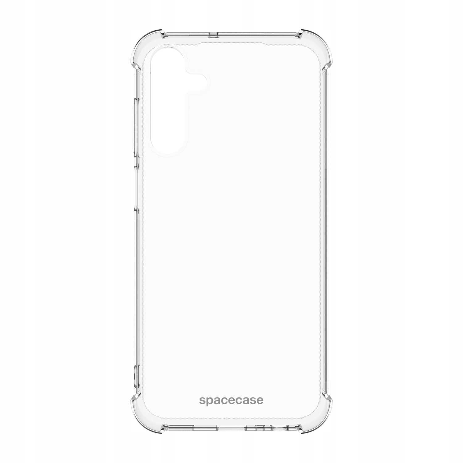 Przezroczyste etui na telefon. Etui jest na białym tle. Etui ma logo spacecase na dole.