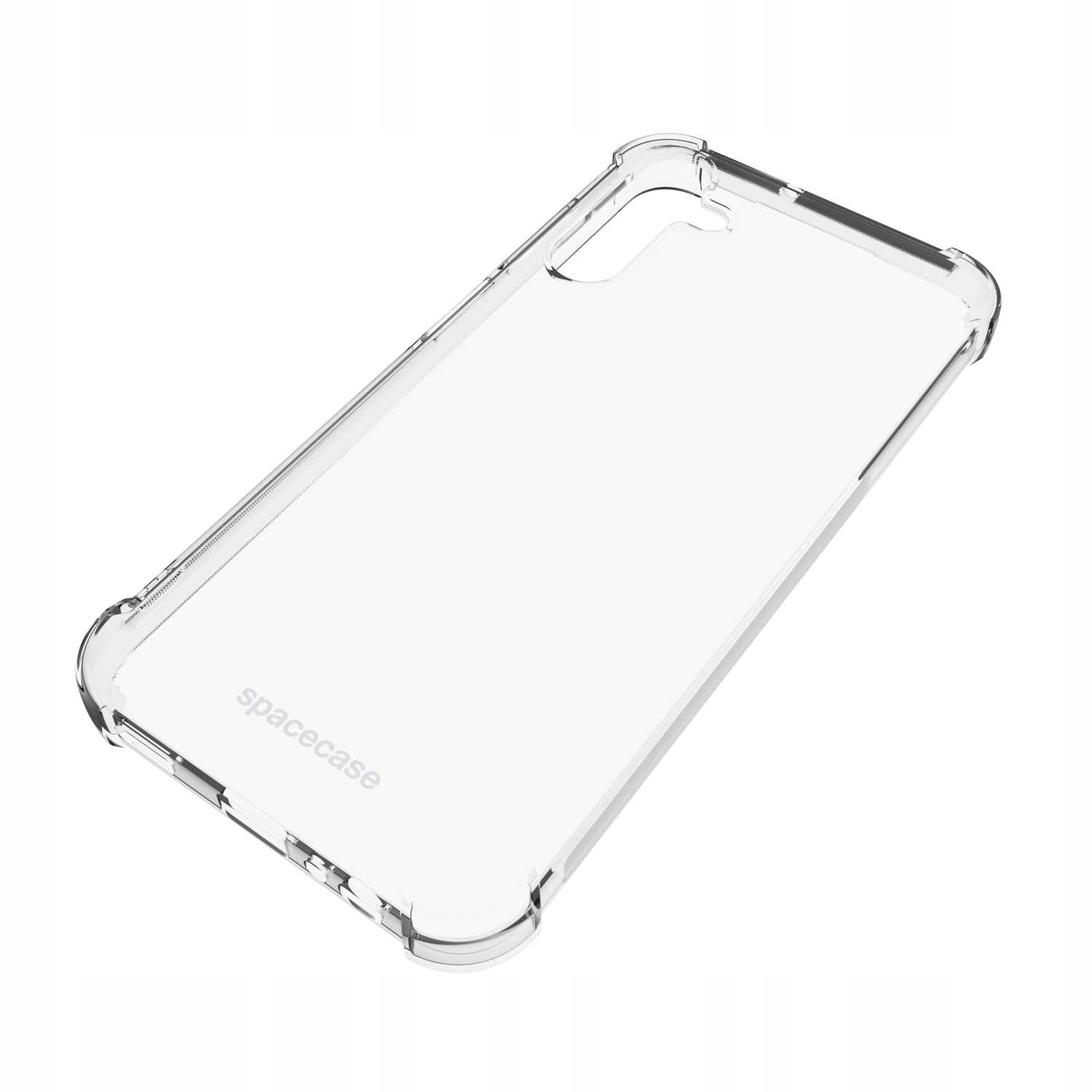 Przezroczyste etui na telefon z logo spacecase. Jest to etui ochronne z zaokrągloną ramką.
