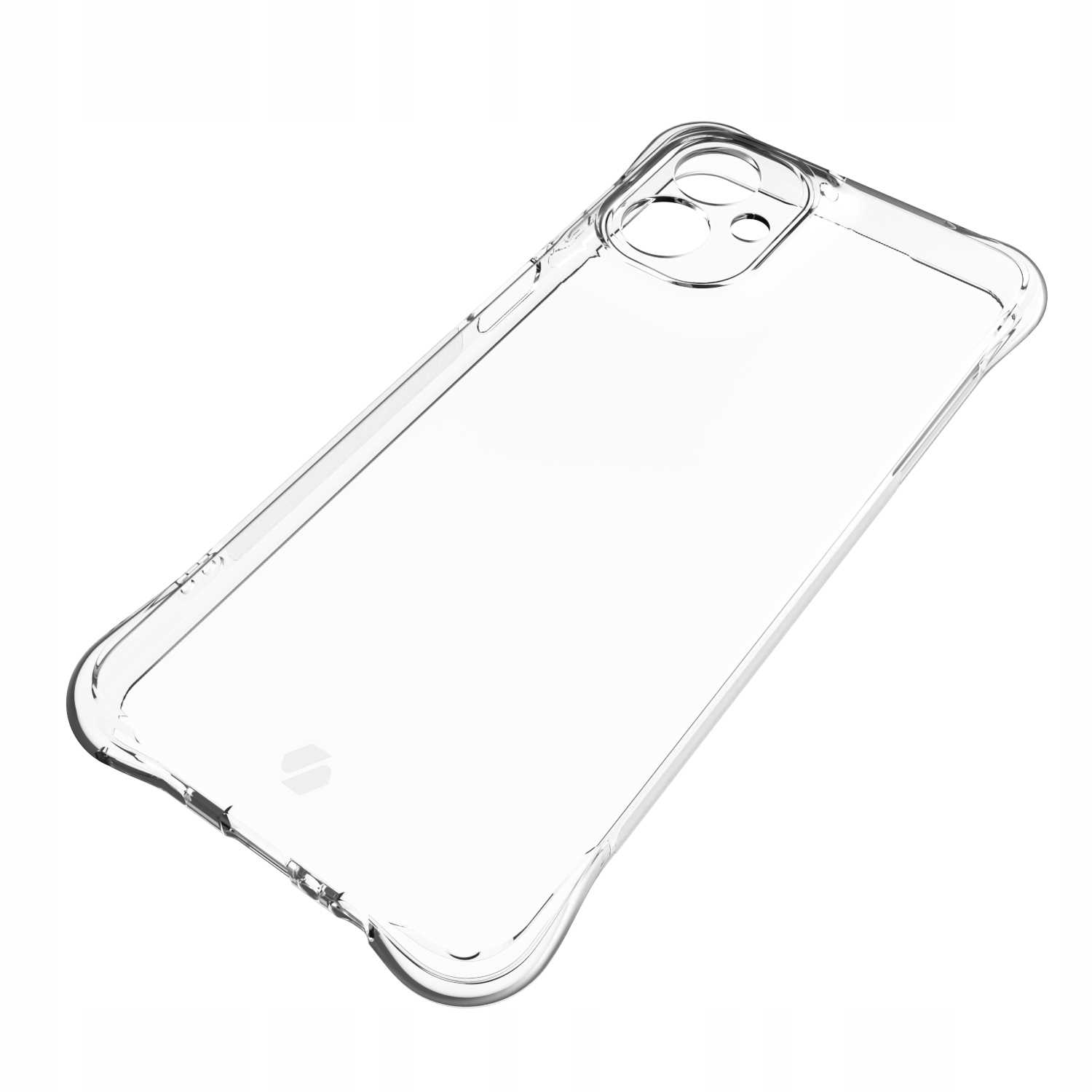 Przezroczyste etui na telefon. Etui jest przezroczyste, o zaokrąglonym kształcie i z logo.