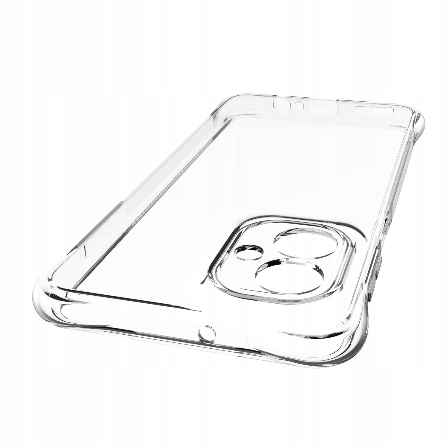 Przezroczyste etui na telefon na białym tle. Etui jest przezroczyste i ma zakrzywiony kształt. Etui ma logo.