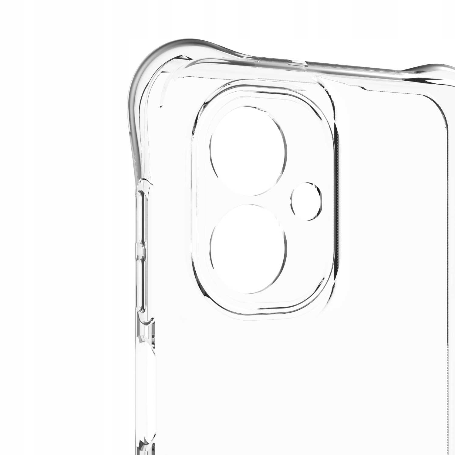 Zbliżenie na przezroczyste etui na telefon. Etui ma wycięcia na obiektywy aparatu i jest przezroczyste.