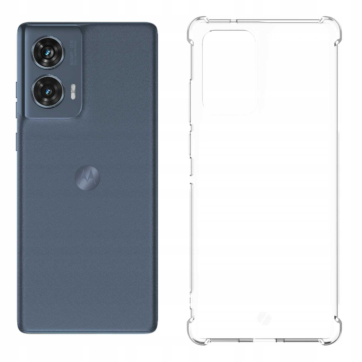 Telefon z przezroczystym etui. Telefon jest szary, ma 2 aparaty. Etui jest przezroczyste, a logo widoczne.