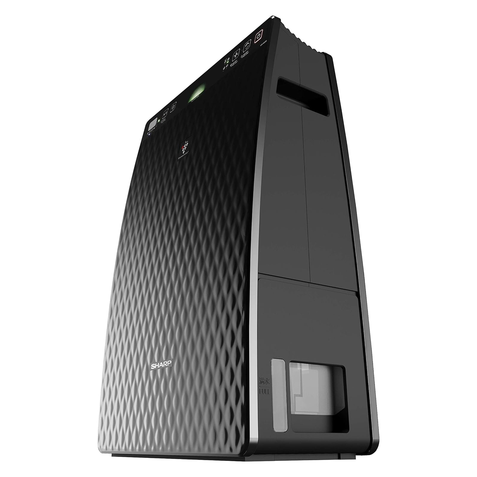 Czarny oczyszczacz powietrza z rombowym wzorem z przodu. Ma panel sterowania i wskaźnik zbiornika na wodę.