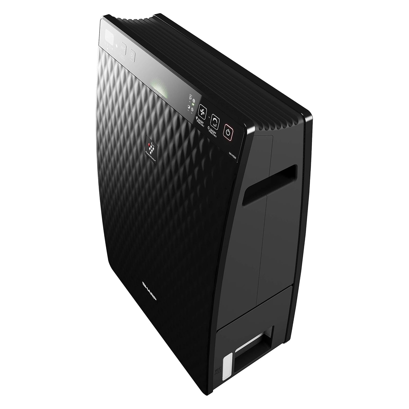 Czarny oczyszczacz powietrza z panelem sterowania na górze, ujęcie pod kątem.