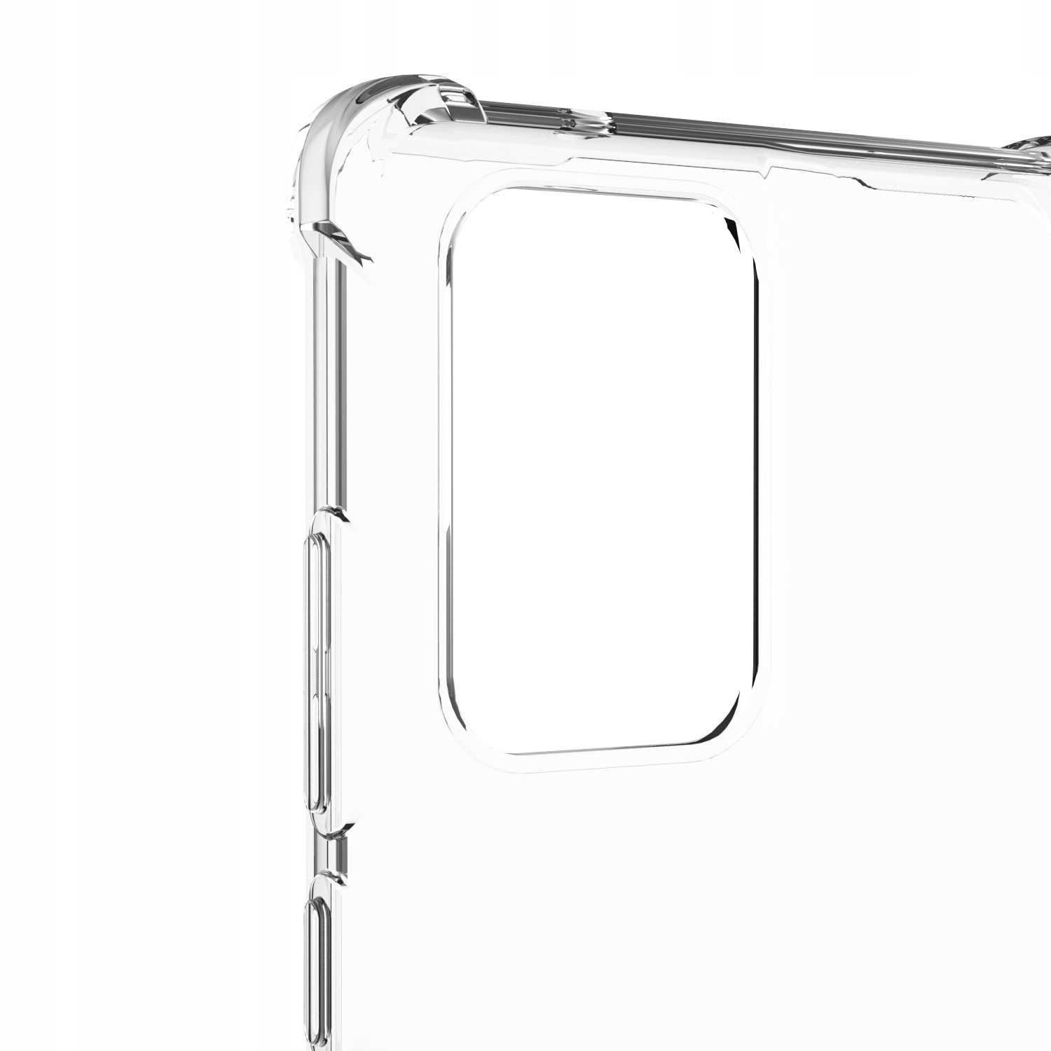 Zbliżenie przezroczystego etui na telefon, pokazujące wycięcia na aparat. To przezroczyste etui z obramowaniem. Ochronny design.