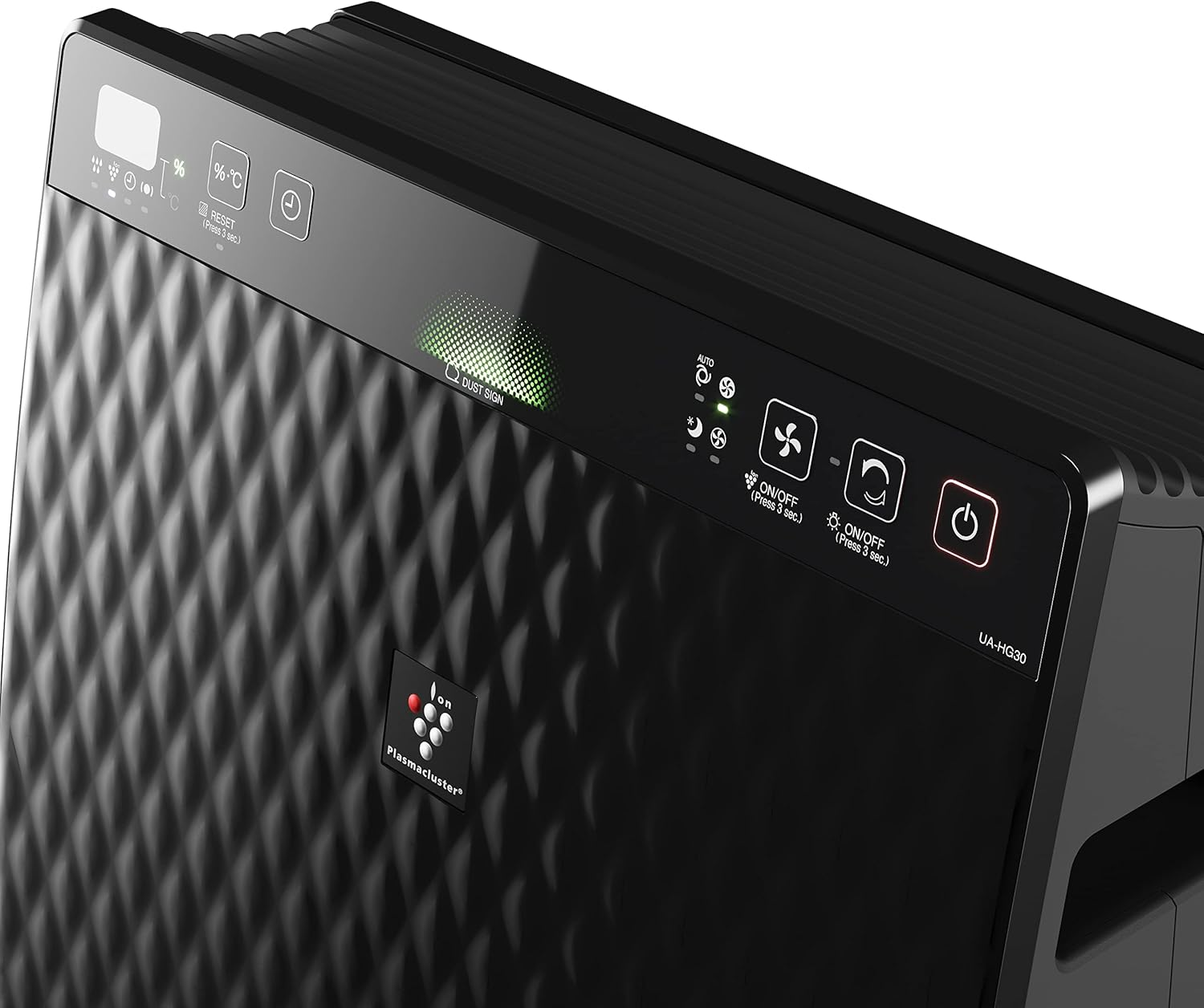 Zbliżenie elementów sterujących czarnego oczyszczacza powietrza. Ma wyświetlacz cyfrowy, przyciski i logo marki. Design jest czarny.