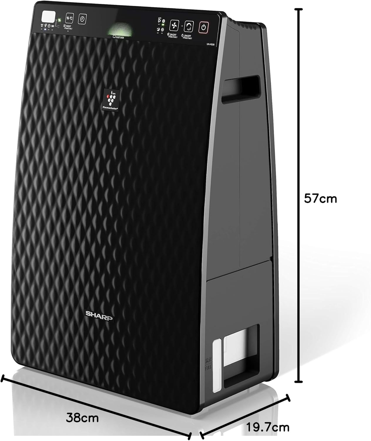 Czarny oczyszczacz powietrza. Jest wysoki i prostokątny. Ma markę Sharp i wymiary. Design jest czarny i nowoczesny.