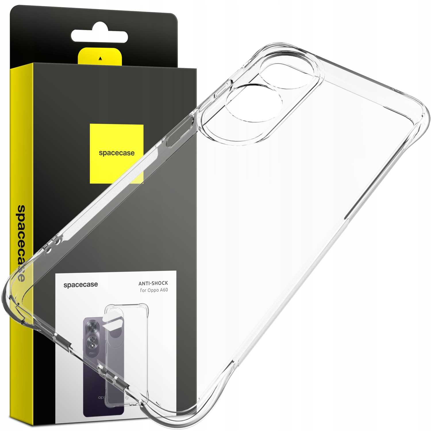 Przezroczyste etui na telefon z telefonem i pudełkiem z logo spacecase.