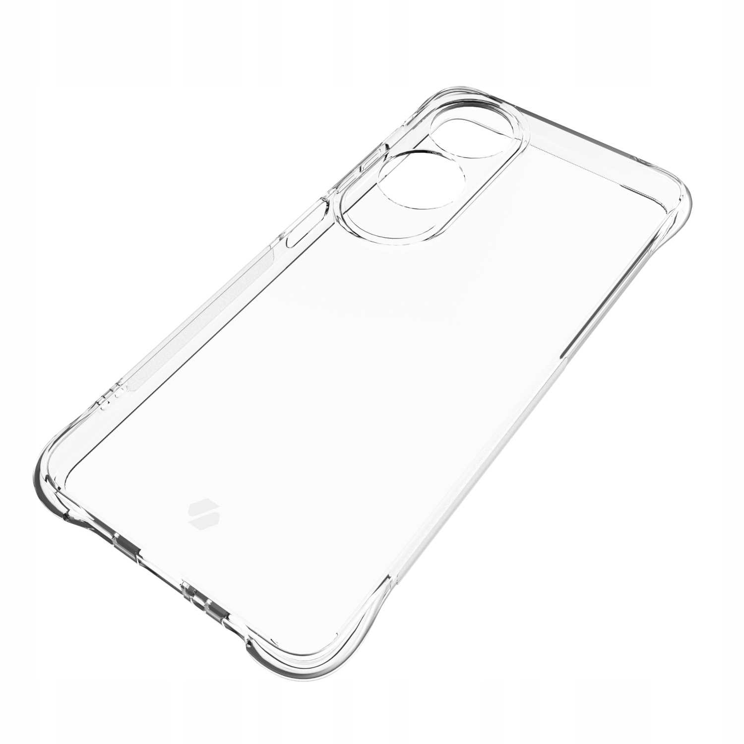 Przezroczyste etui na telefon, pod kątem, pokazujące wycięcie na aparat.