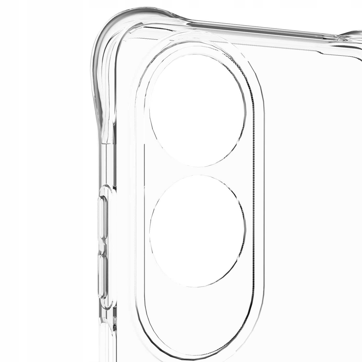 Zbliżenie przezroczystego etui na telefon, ukazujące szczegóły wycięcia na aparat.