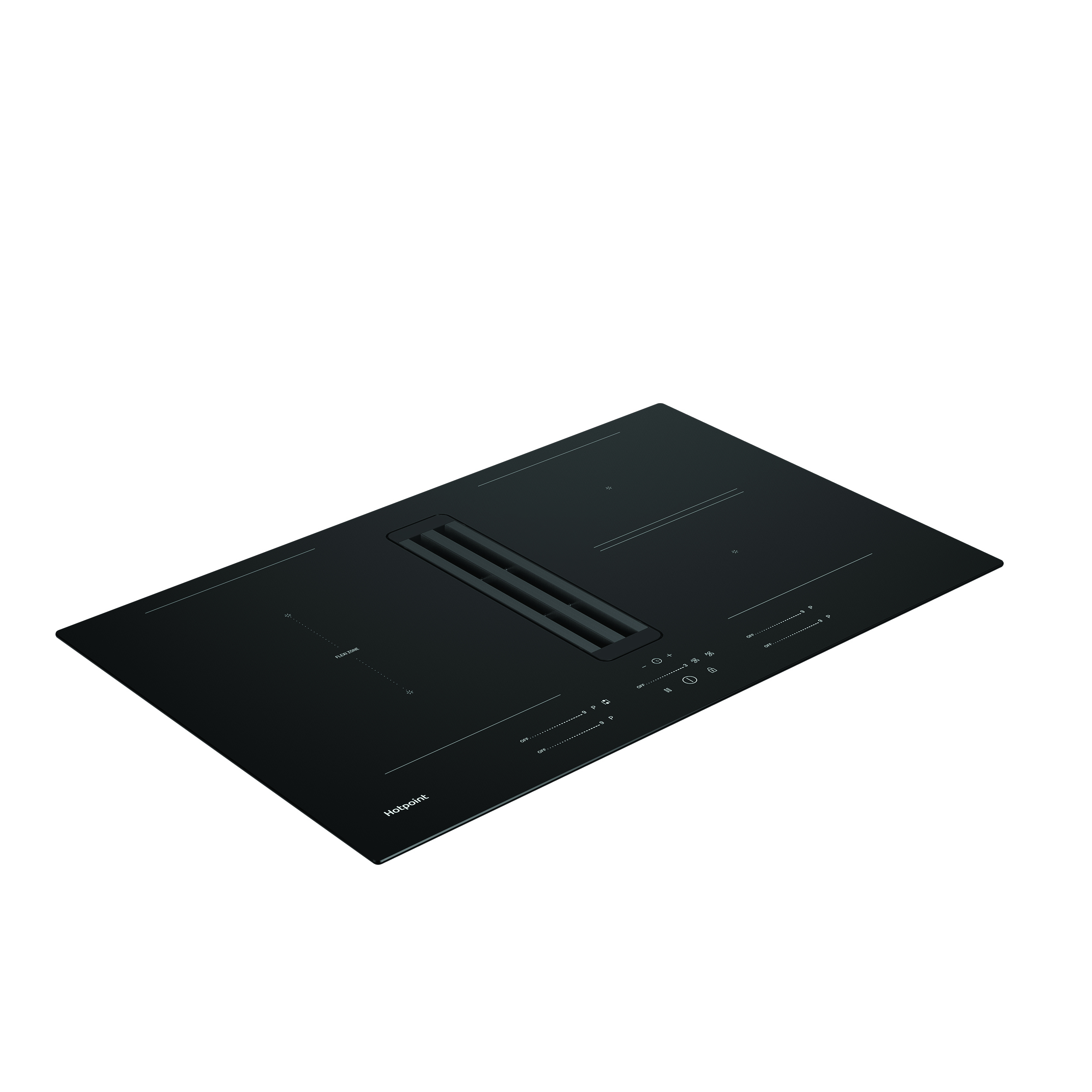 Piano cottura elettrico nero con quattro zone di cottura e cappa centrale.