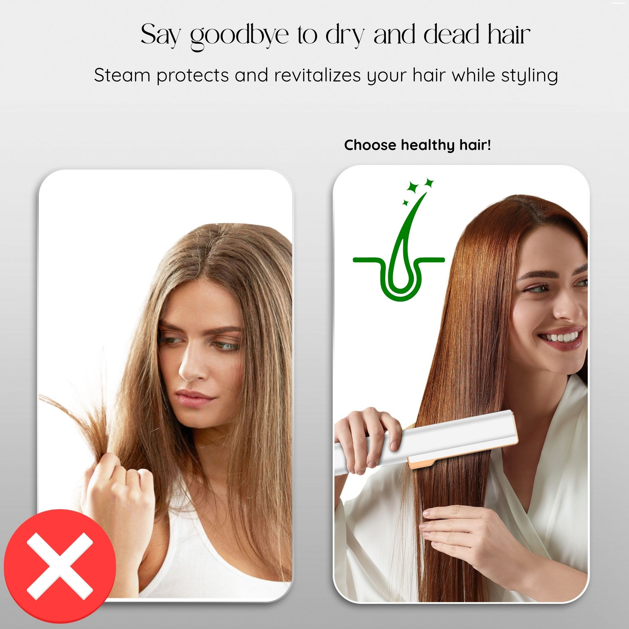 Frau mit geschädigtem Haar und gesundem Haar nach der Verwendung eines Haarstyling-Tools. Das Tool ist im Bild gezeigt.