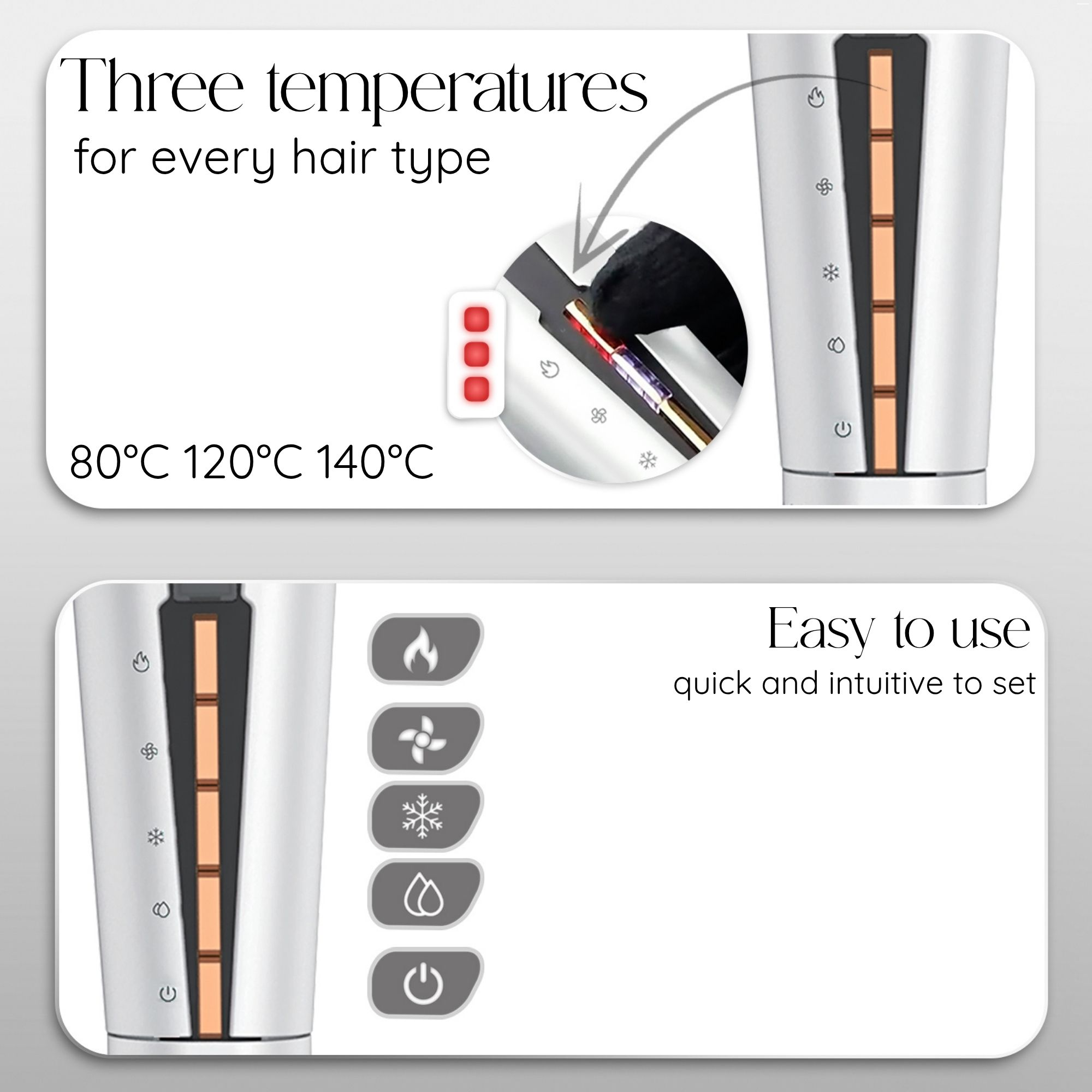 Haarstyling-Tool mit drei Temperatureinstellungen und Einstellungsoptionen mit Symbolen für verschiedene Haartypen.