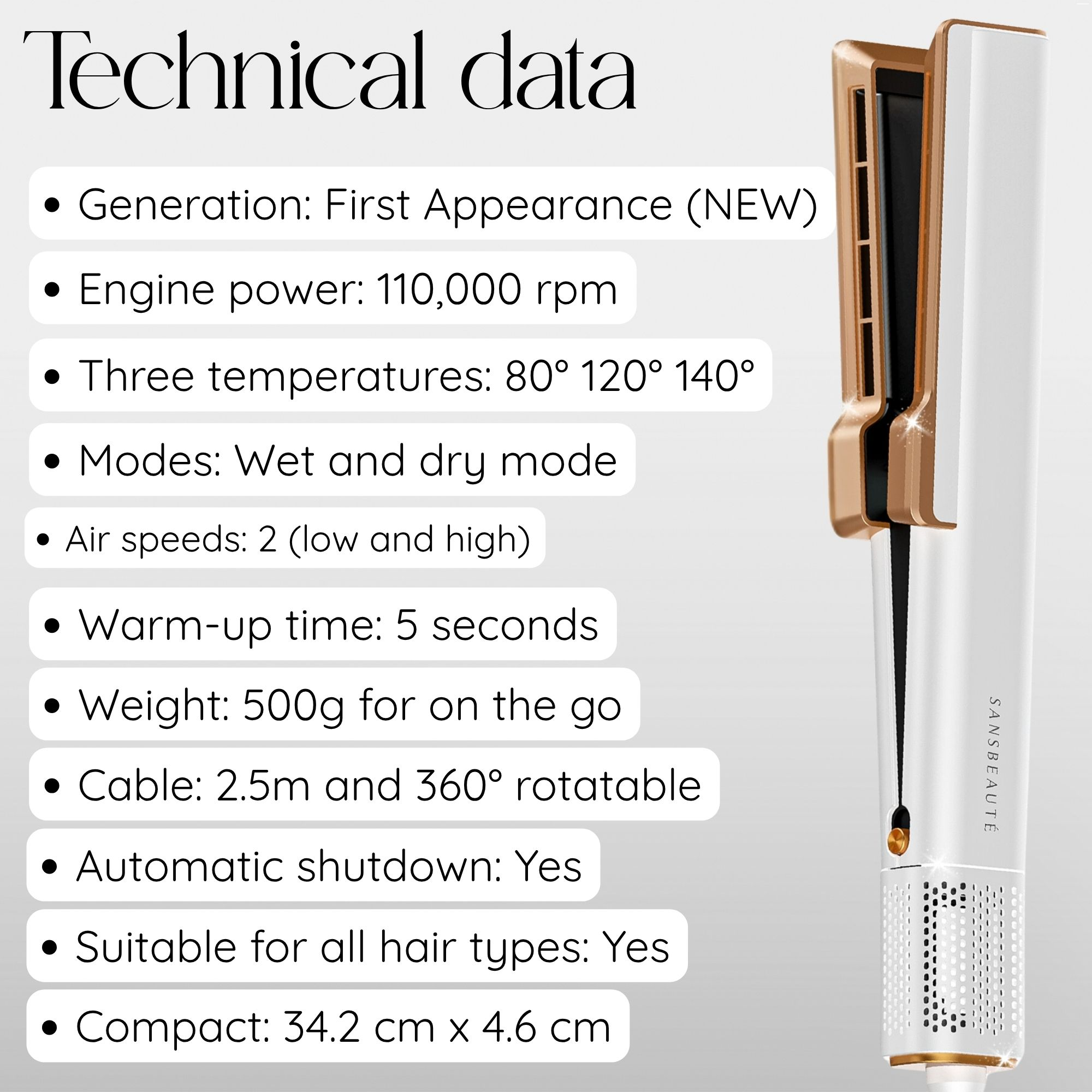 Haarstyling-Tool mit technischen Daten: Motorleistung, Temperaturen, Modi, Luftgeschwindigkeiten, Aufwärmzeit, Gewicht usw.