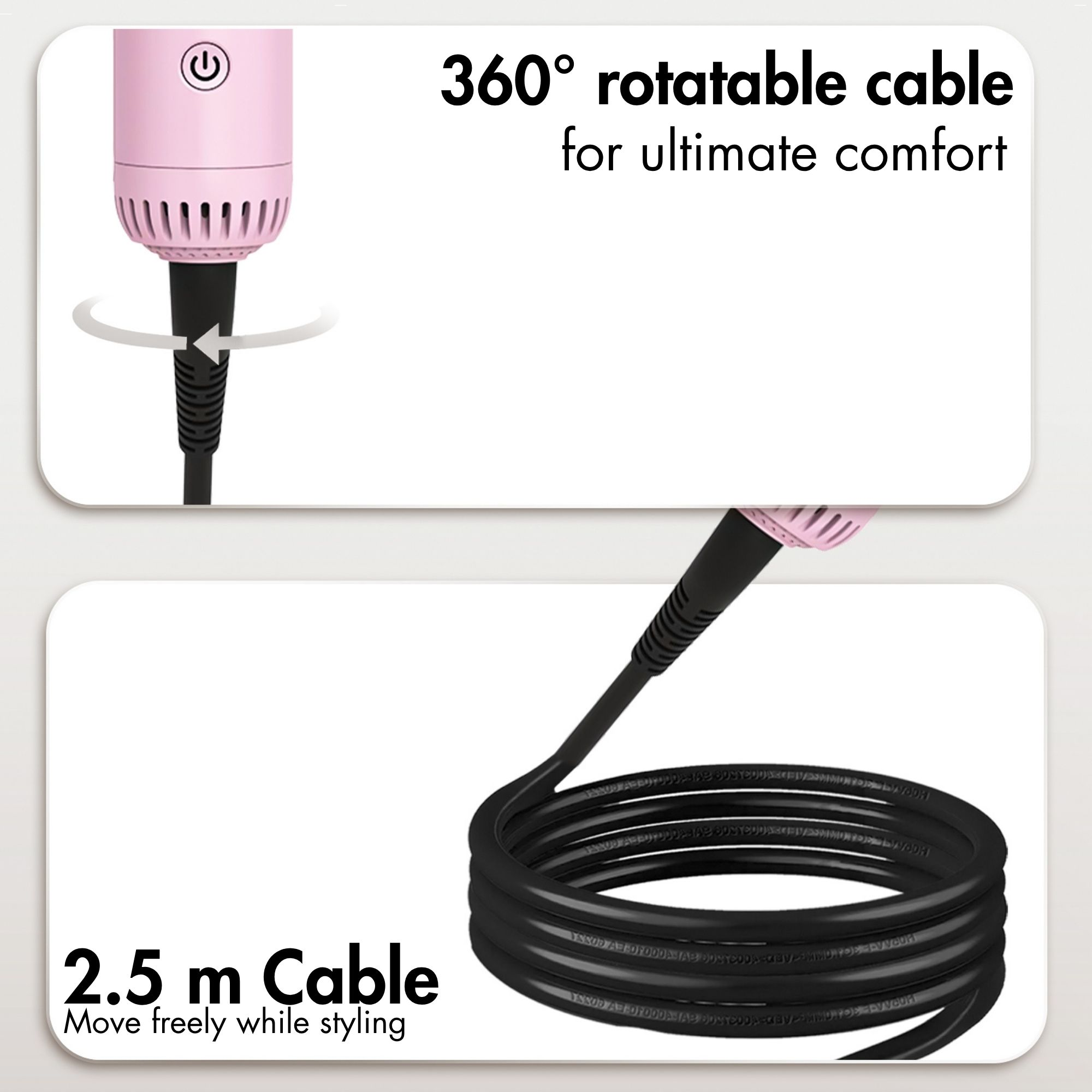 Das Bild zeigt ein rosa Haarstyling-Gerät mit einem um 360° drehbaren Kabel und einem 2,5 m Kabel.