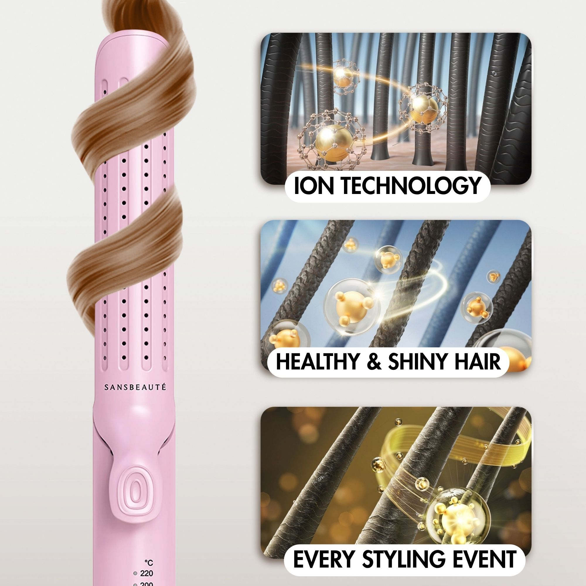 Rosa Haarstyling-Tool und Haarsträhnen mit Details zur Ionentechnologie, gesundem und glänzendem Haar und Styling-Event.