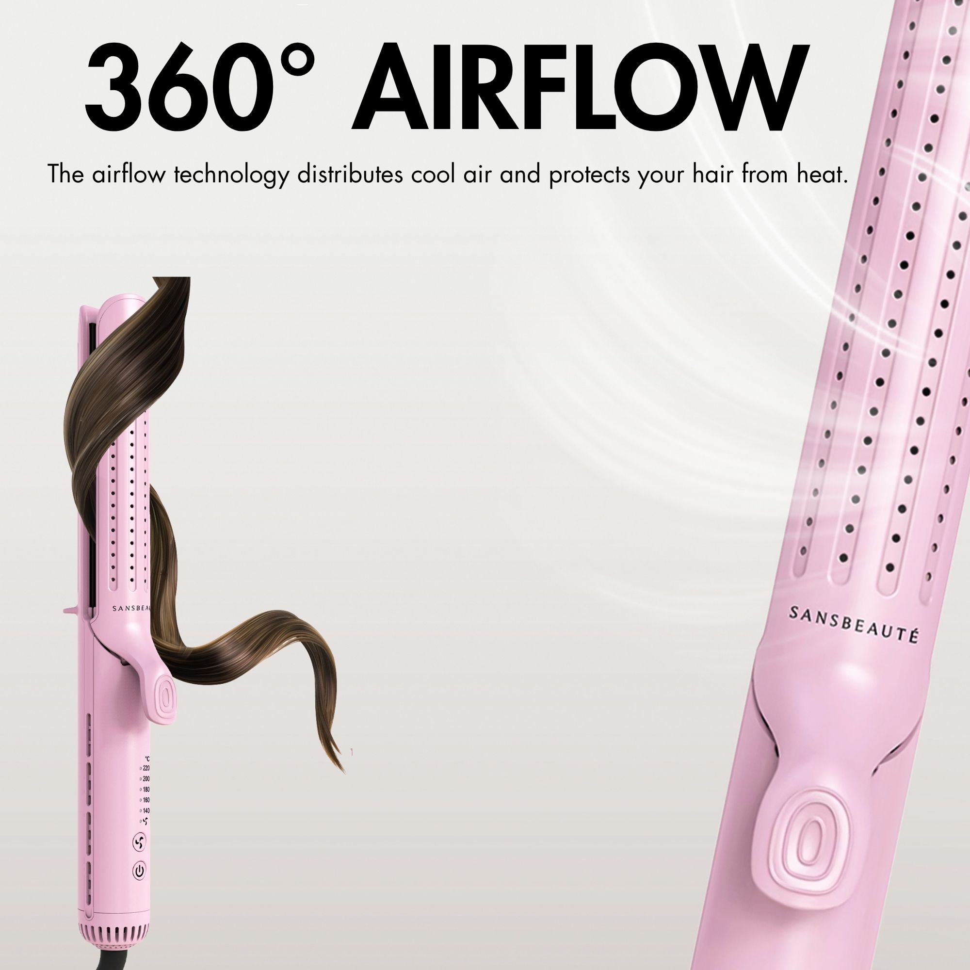 Rosa Haarglätter mit dunklem Haar darum gewickelt. Der Text lautet 360° Airflow. Sansbeaute steht auf dem Glätteisen.