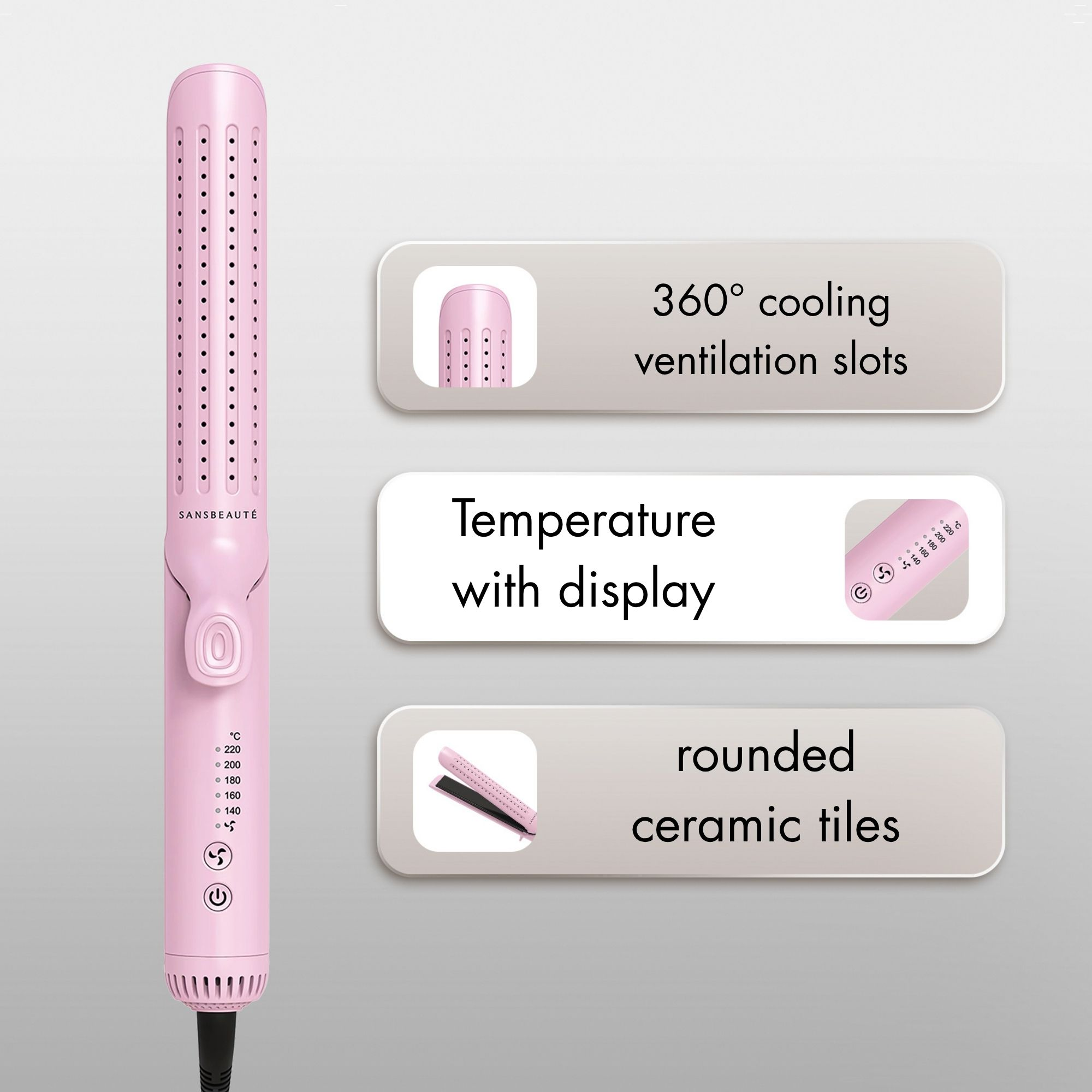 Rosa Haarstyling-Gerät mit 360° Kühlbelüftungsschlitzen, Temperaturanzeige und abgerundeten Keramikfliesen.