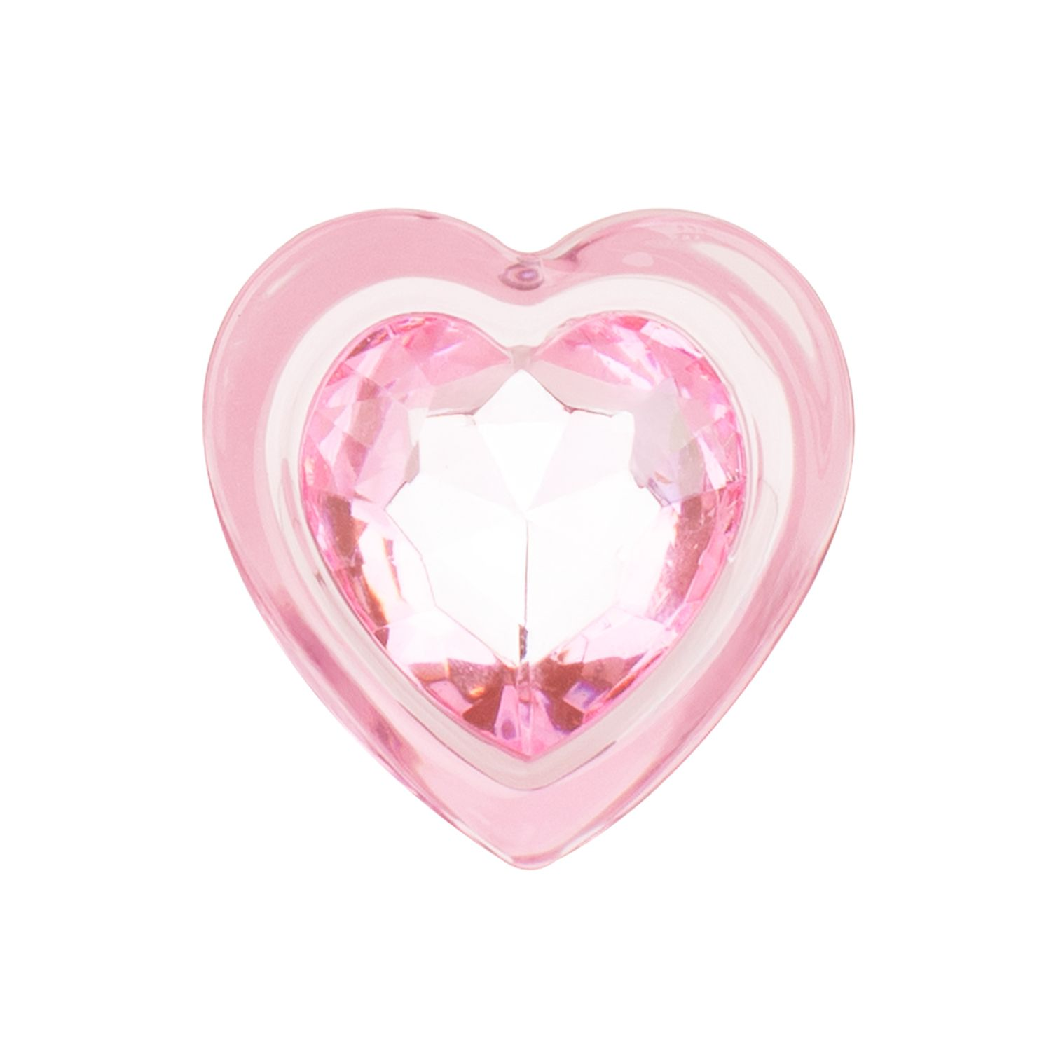 Nahaufnahme eines rosa, herzförmigen Analknopfes mit funkelndem Kristallmittelteil.