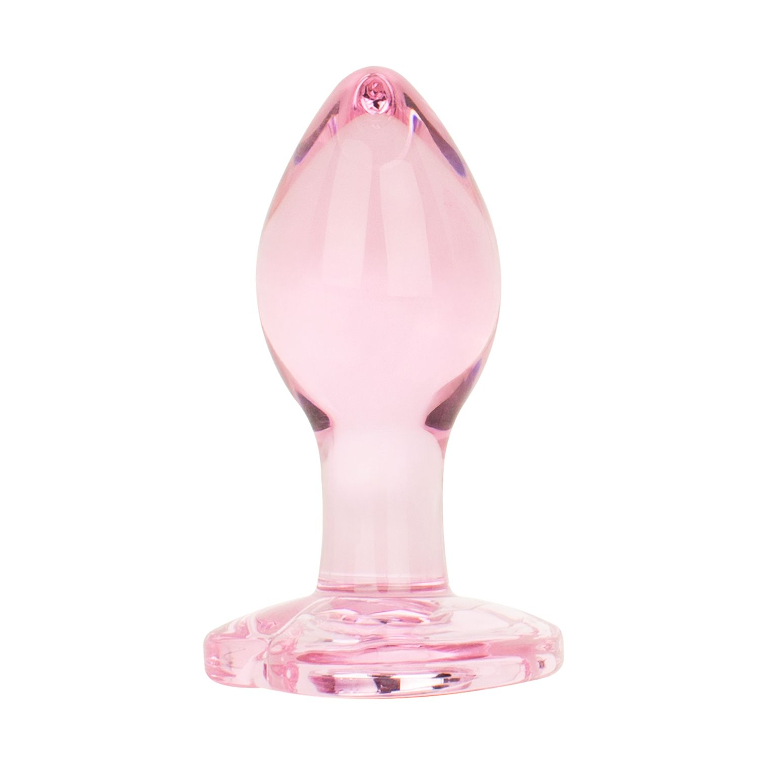 Ein rosa Glas-Analkegel vor weißem Hintergrund. Er hat einen abgerundeten Kopf, einen glatten Schaft und eine ausgestellte Basis.