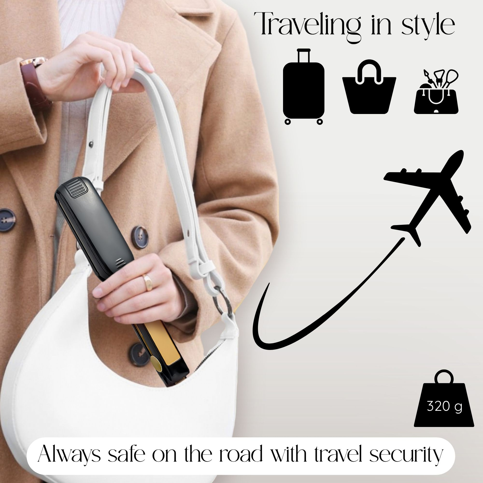 Eine Frau hält ein Glätteisen in einer Handtasche, mit Reise-Icons. Ein Gewicht von 320g wird angezeigt. Text: 'Reisen mit Stil'.