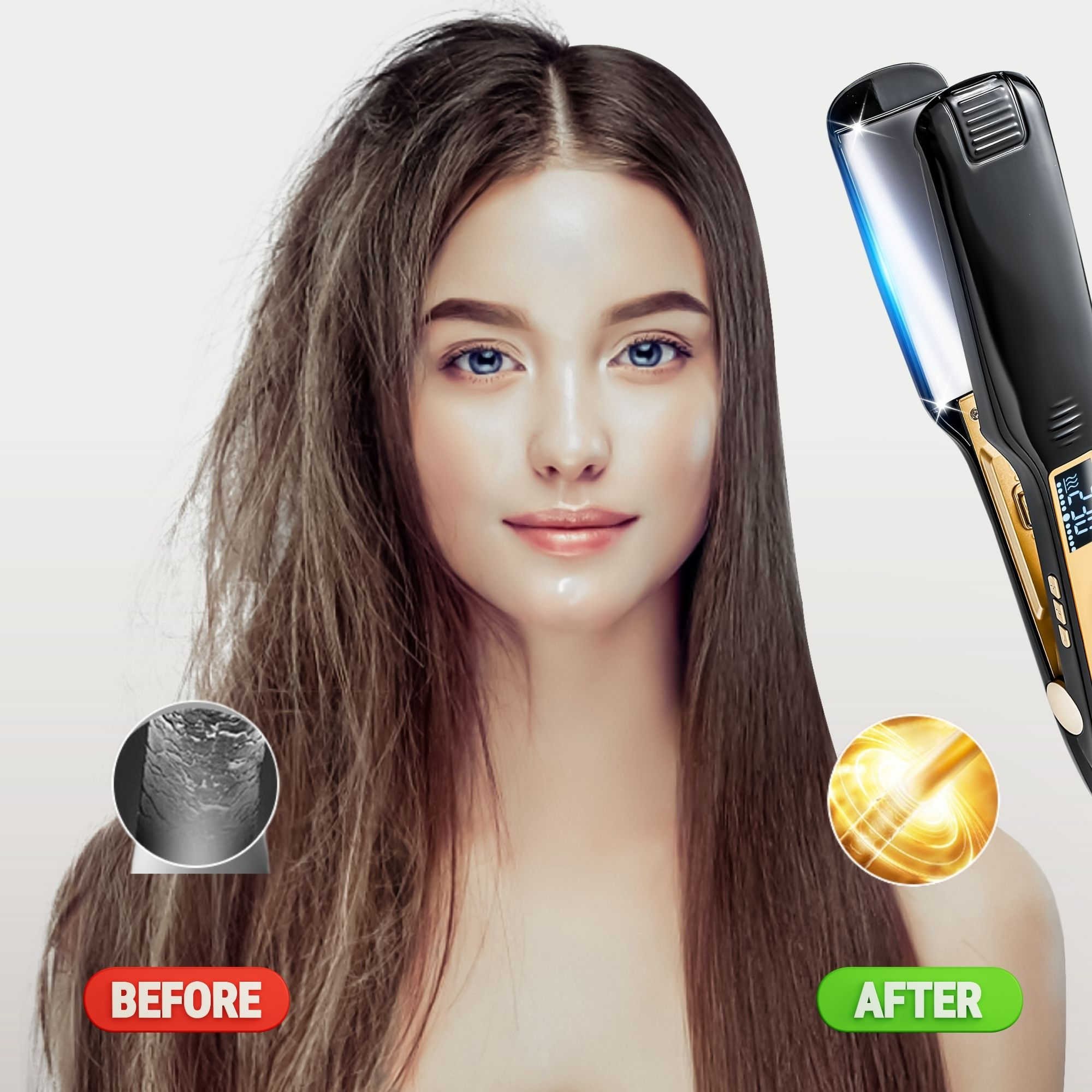 Vorher-Nachher-Haare einer Frau mit Glätteisen. Die 'Vorher'-Haare sind kraus; die 'Nachher'-Haare sind glatt und glänzend.