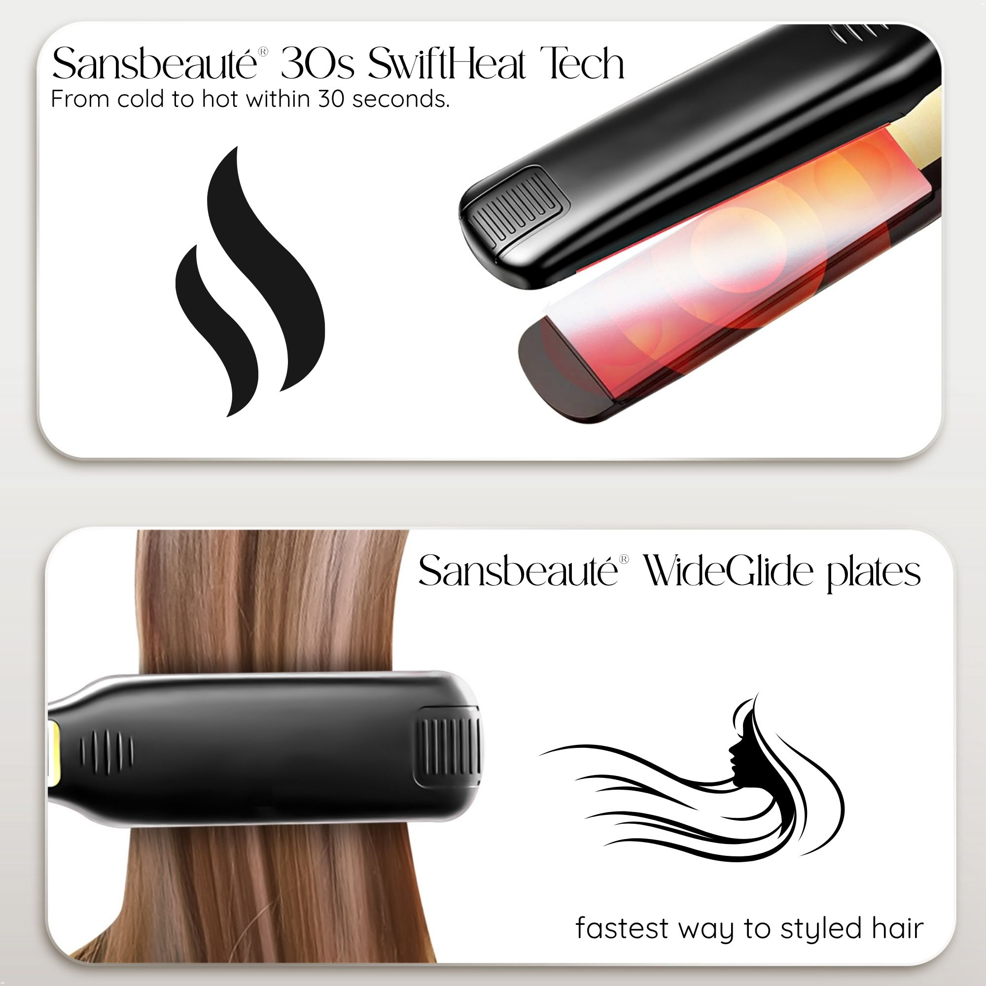 Das Bild zeigt einen schwarzen Haarglätter, mit Dampfgrafik und eine Nahaufnahme der Glätteisenplatten.