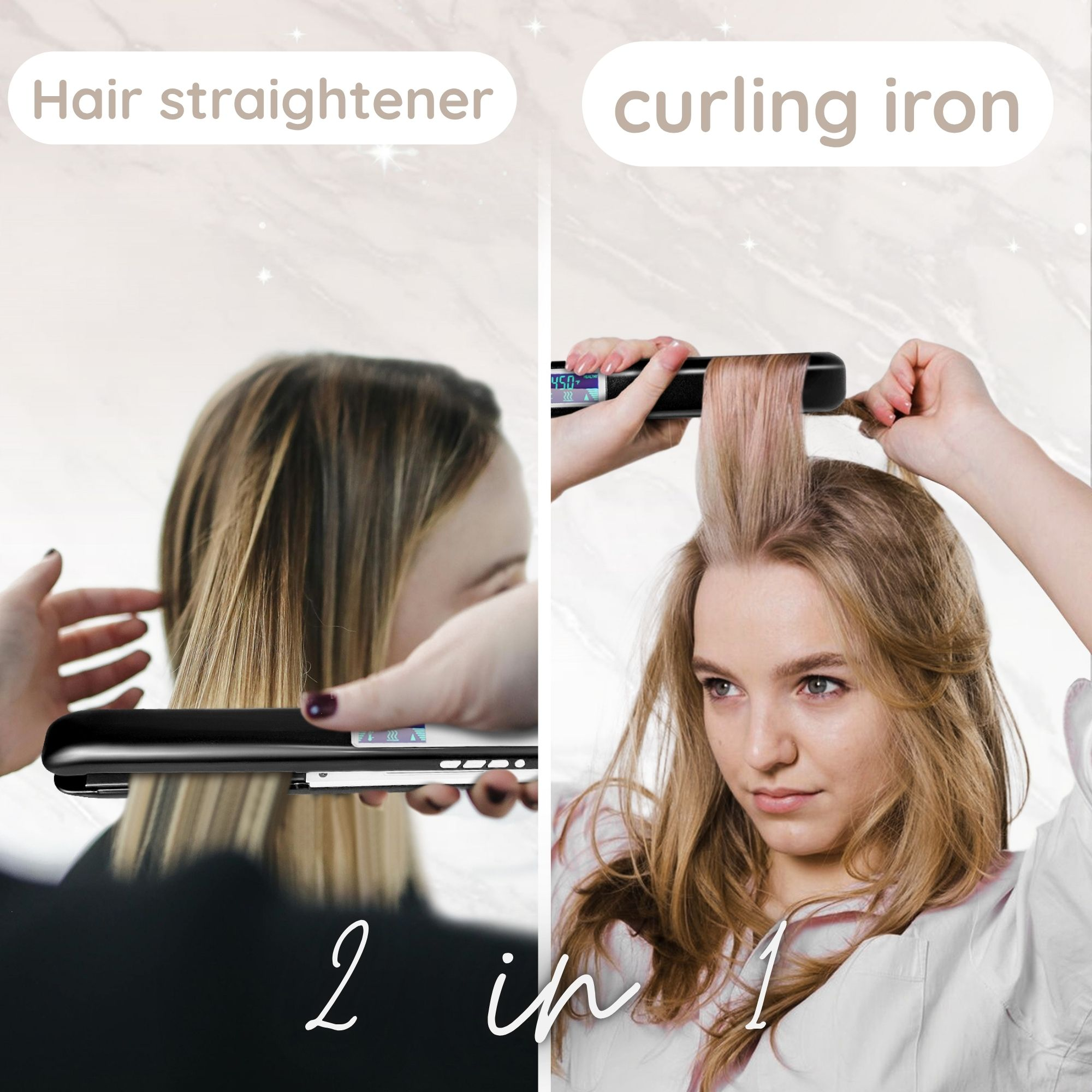 Das Bild zeigt eine Frau, die einen Haarglätter für ihr Haar verwendet. Der Text lautet 'Haarglätter' und 'Lockenstab'.