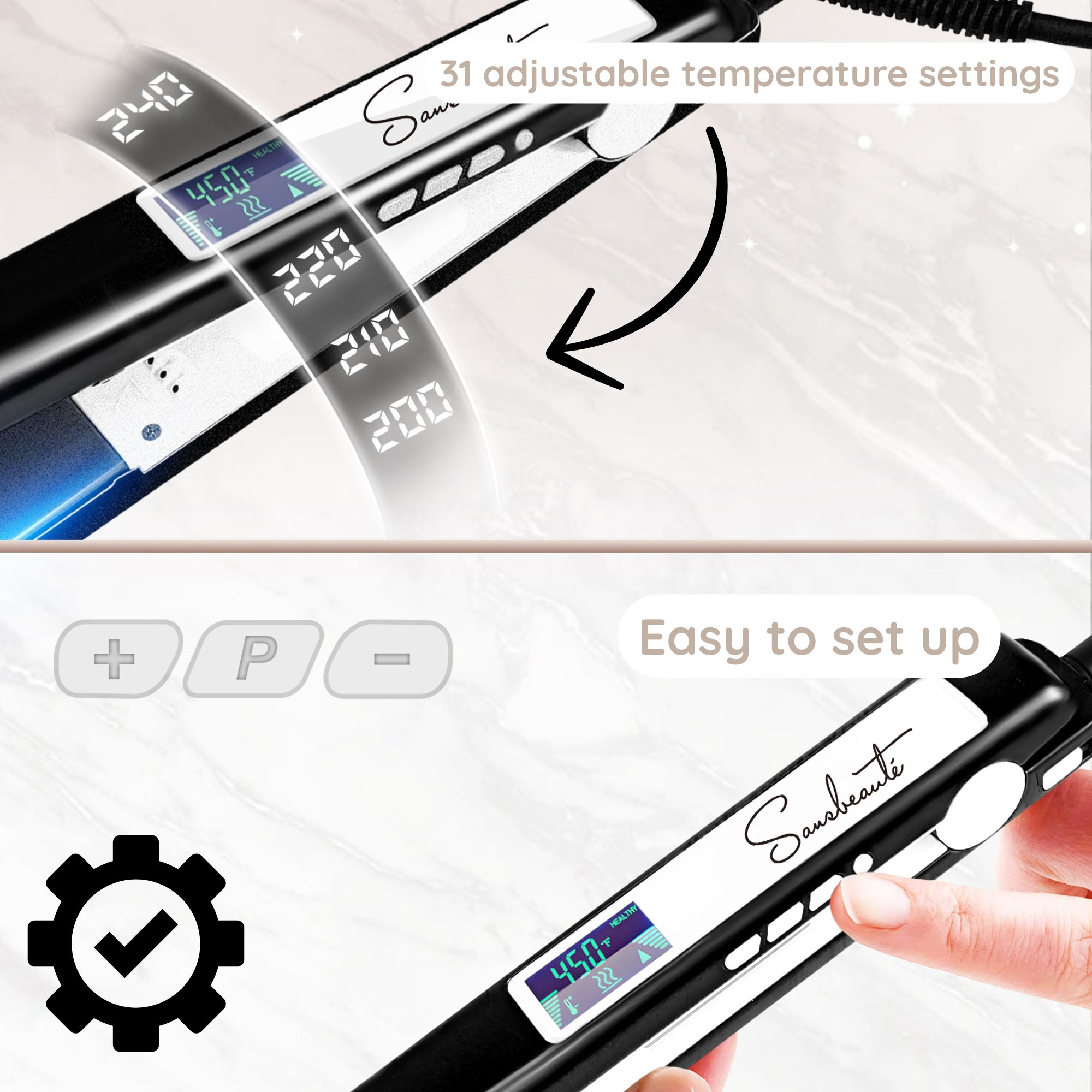 Ein Glätteisen mit Digitalanzeige wird gezeigt. Die Temperatureinstellungen werden angezeigt. Der Text lautet 'Einfach einzurichten'.