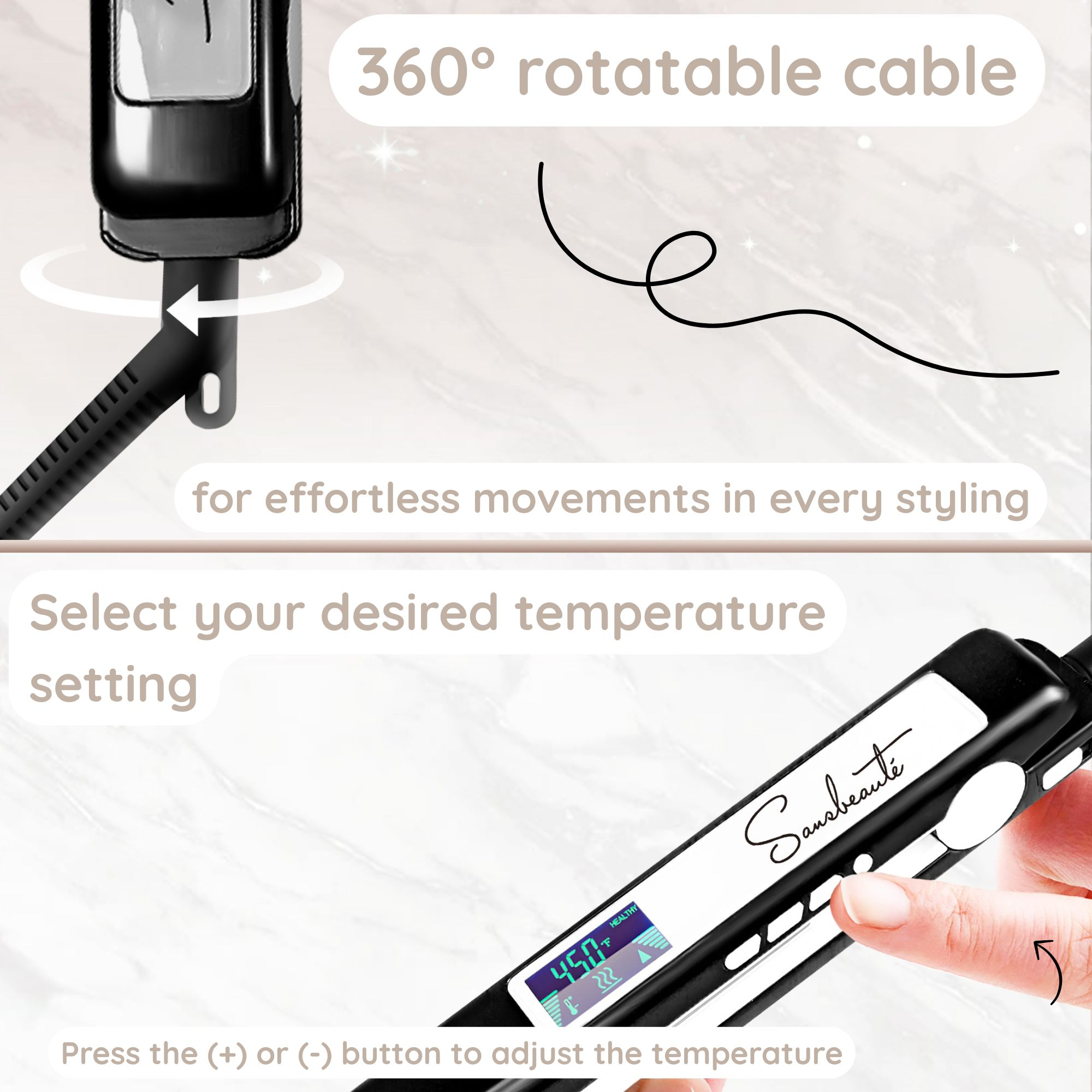 Ein Glätteisen wird mit einem um 360° drehbaren Kabel gezeigt. Text: '360° drehbares Kabel für mühelose Bewegungen'.