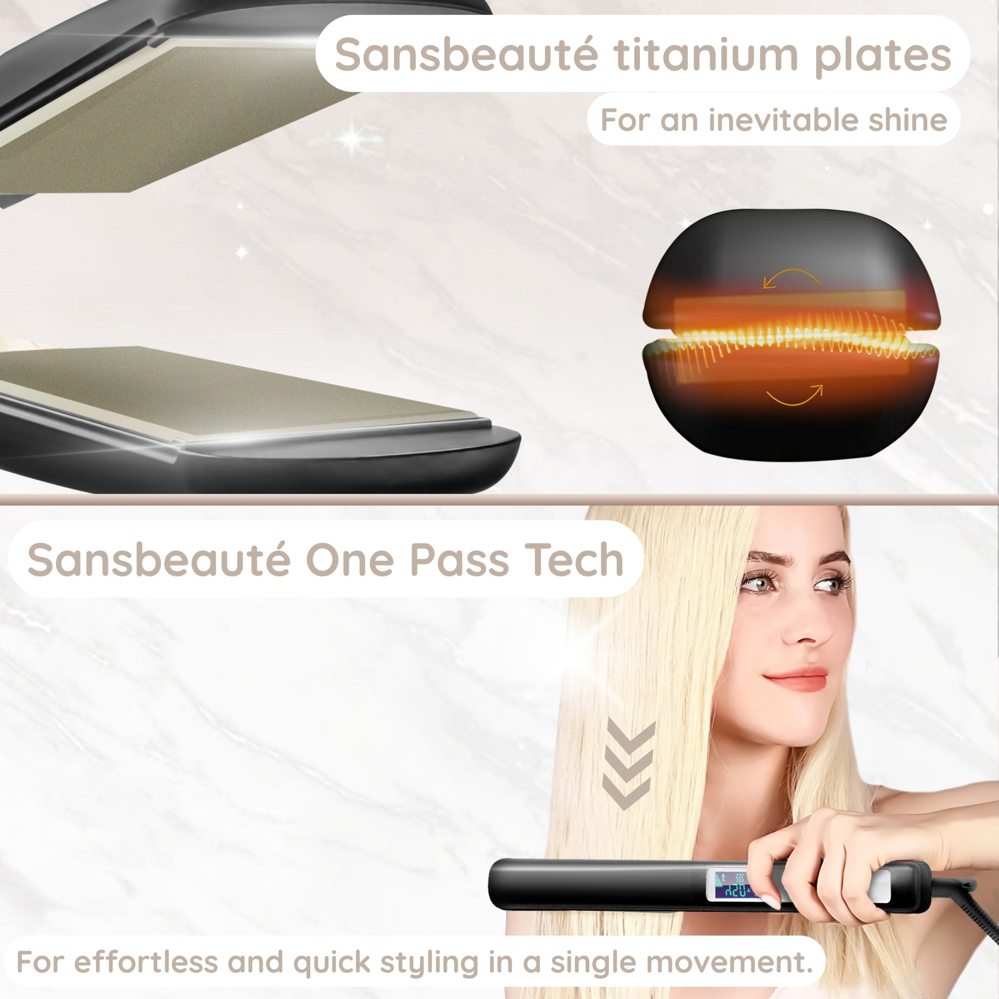 Das Bild zeigt einen schwarzen Haarglätter mit dem Text 'Sansbeaute Titaniumplatten'. Eine Frau stylt ihr Haar.