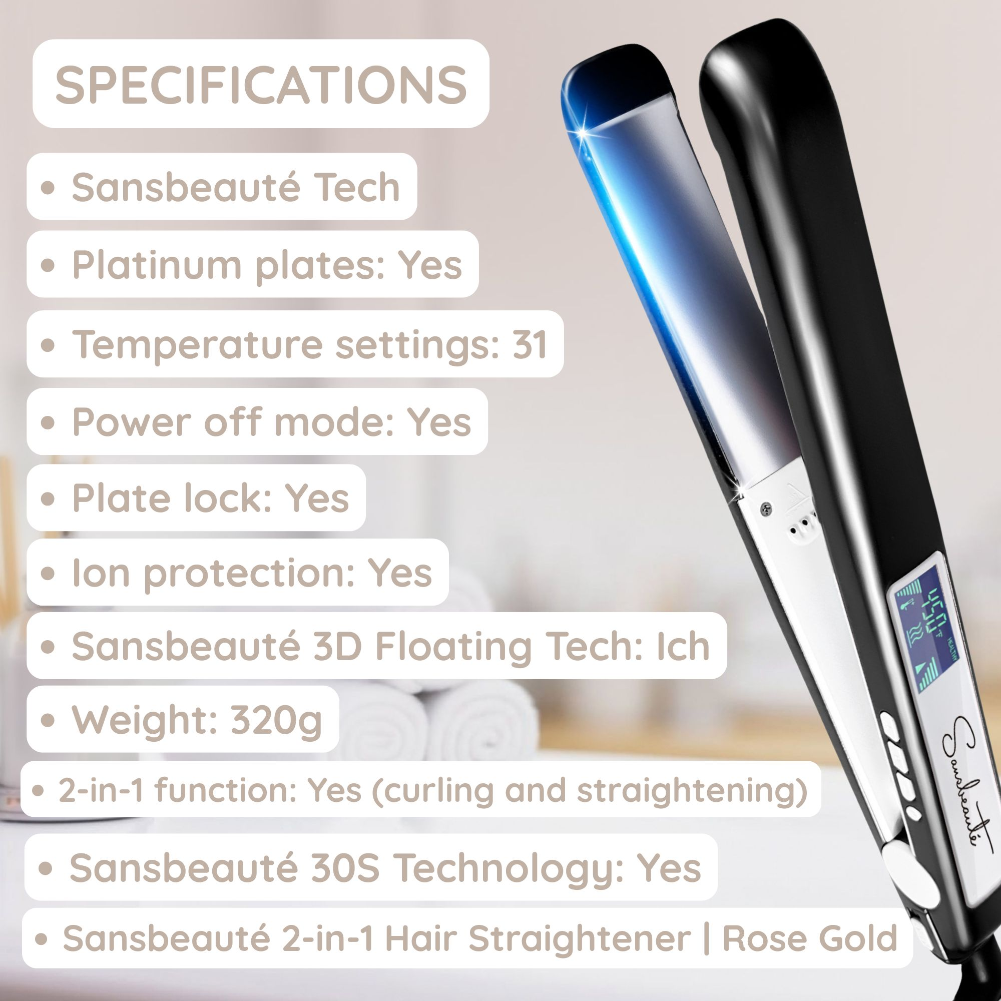 Das Bild zeigt einen schwarzen Haarglätter mit Spezifikationen. Der Text erwähnt 'Platinplatten' und '31 Temperatureinstellungen'.